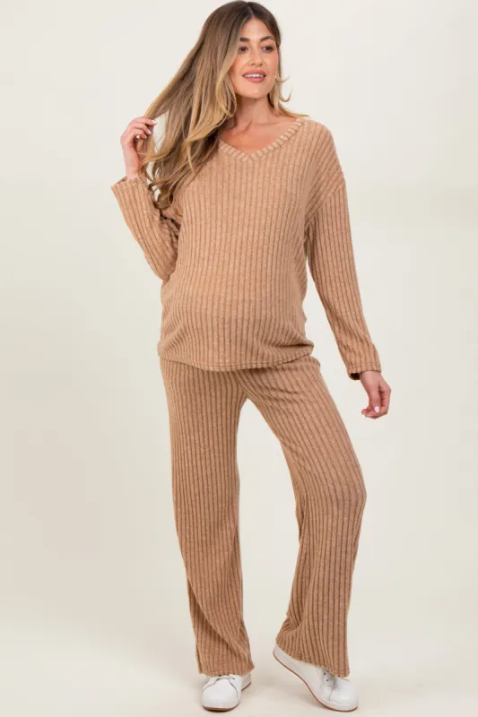 Taupe Ribbed Soft Knit Long Sleeve Maternity Pajama Set sold by Pinkblush