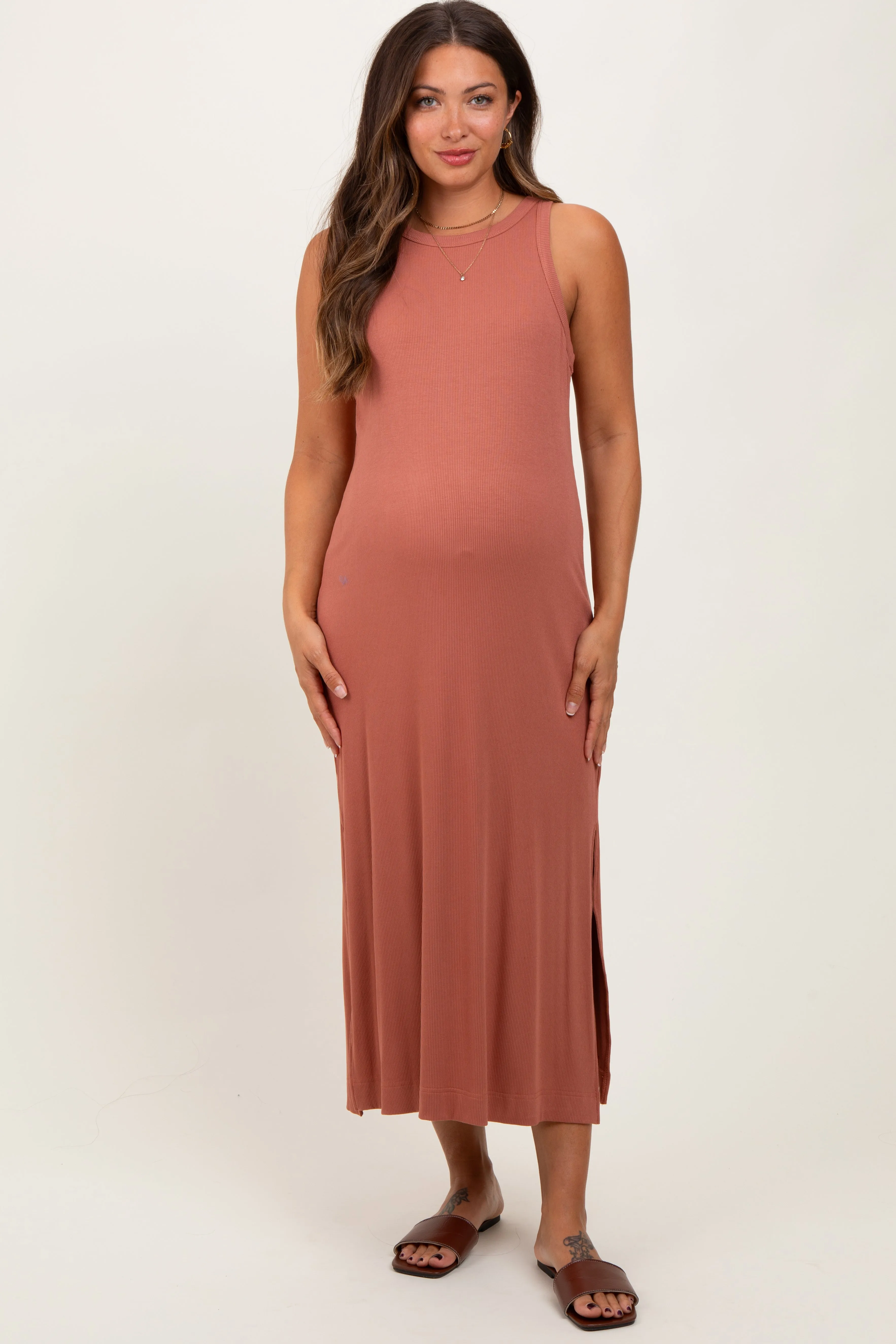 Rust Sleeveless Side Slit Maternity Midi Dress sold by Pinkblush product image thumbnail 2