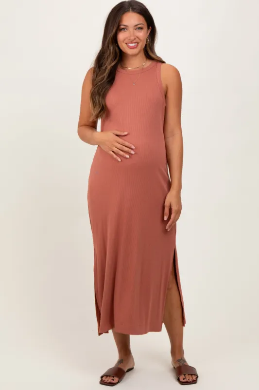 Rust Sleeveless Side Slit Maternity Midi Dress sold by Pinkblush