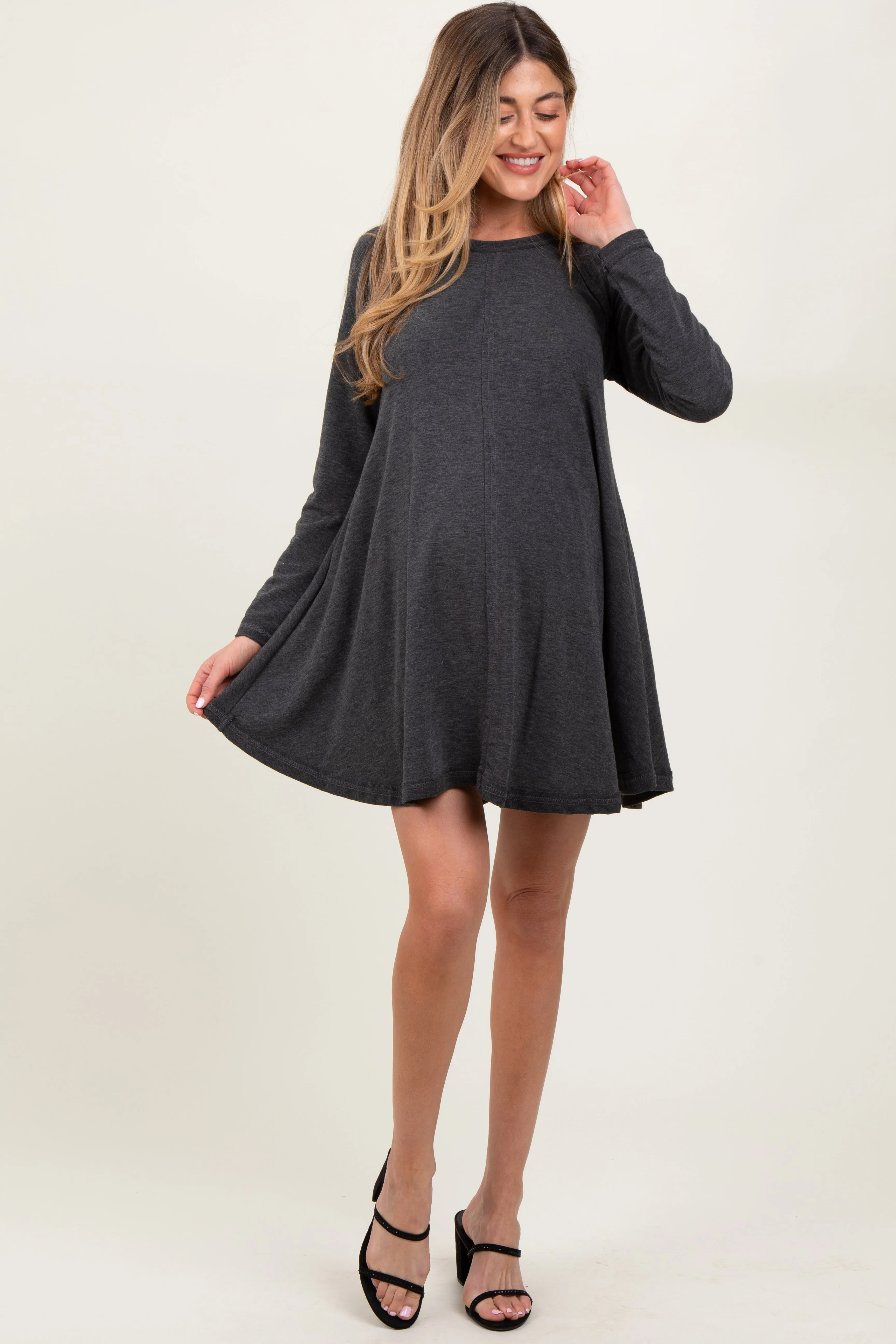 Charcoal Crew Neck Flared Fit Long Sleeve Maternity Mini Dress sold by Pinkblush product image thumbnail 2