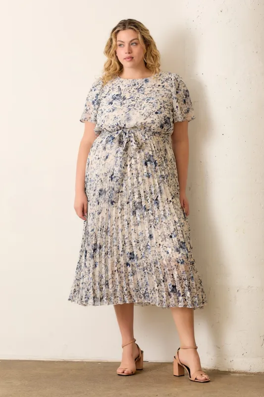 Cream Floral Pleated Plus Midi Dress sold by Pinkblush