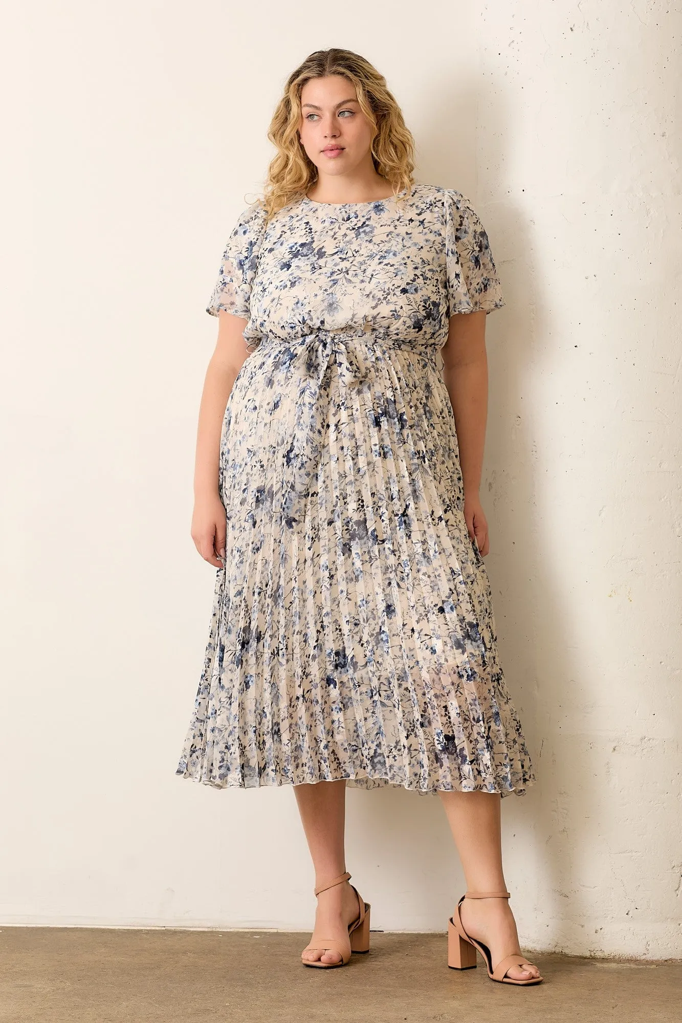 Cream Floral Pleated Plus Midi Dress sold by Pinkblush