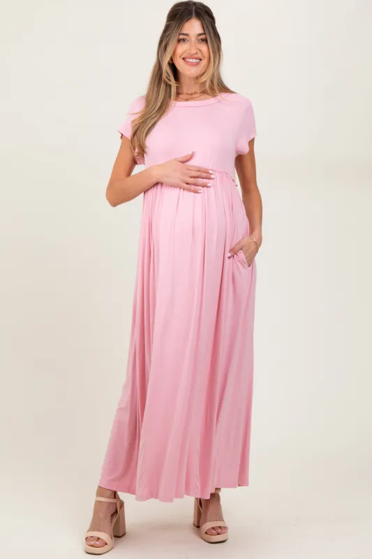Light Pink Short Sleeve Pocketed Maternity Maxi Dress sold by Pinkblush