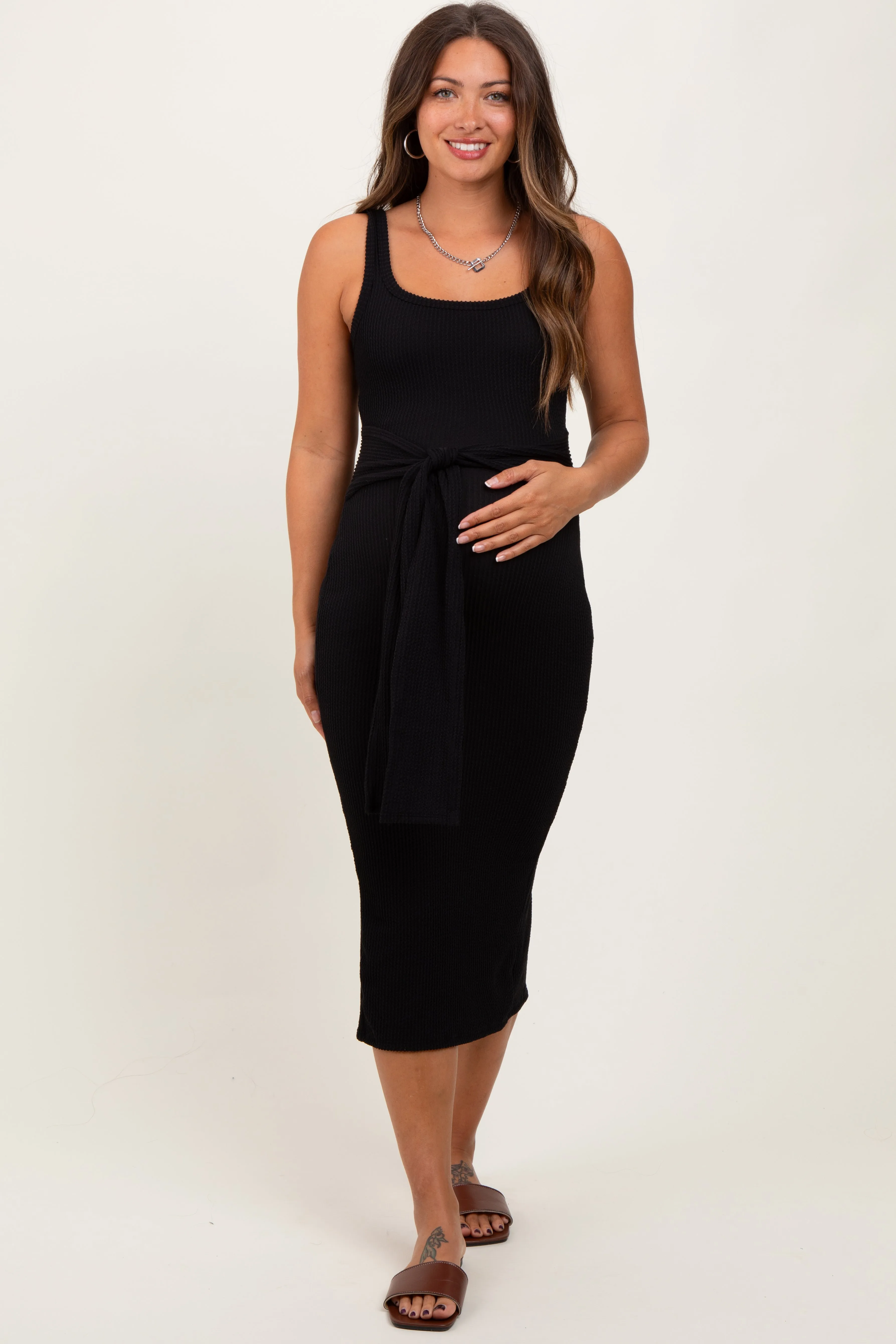 Black Ribbed Front Tie Sleeveless Maternity Midi Dress sold by Pinkblush