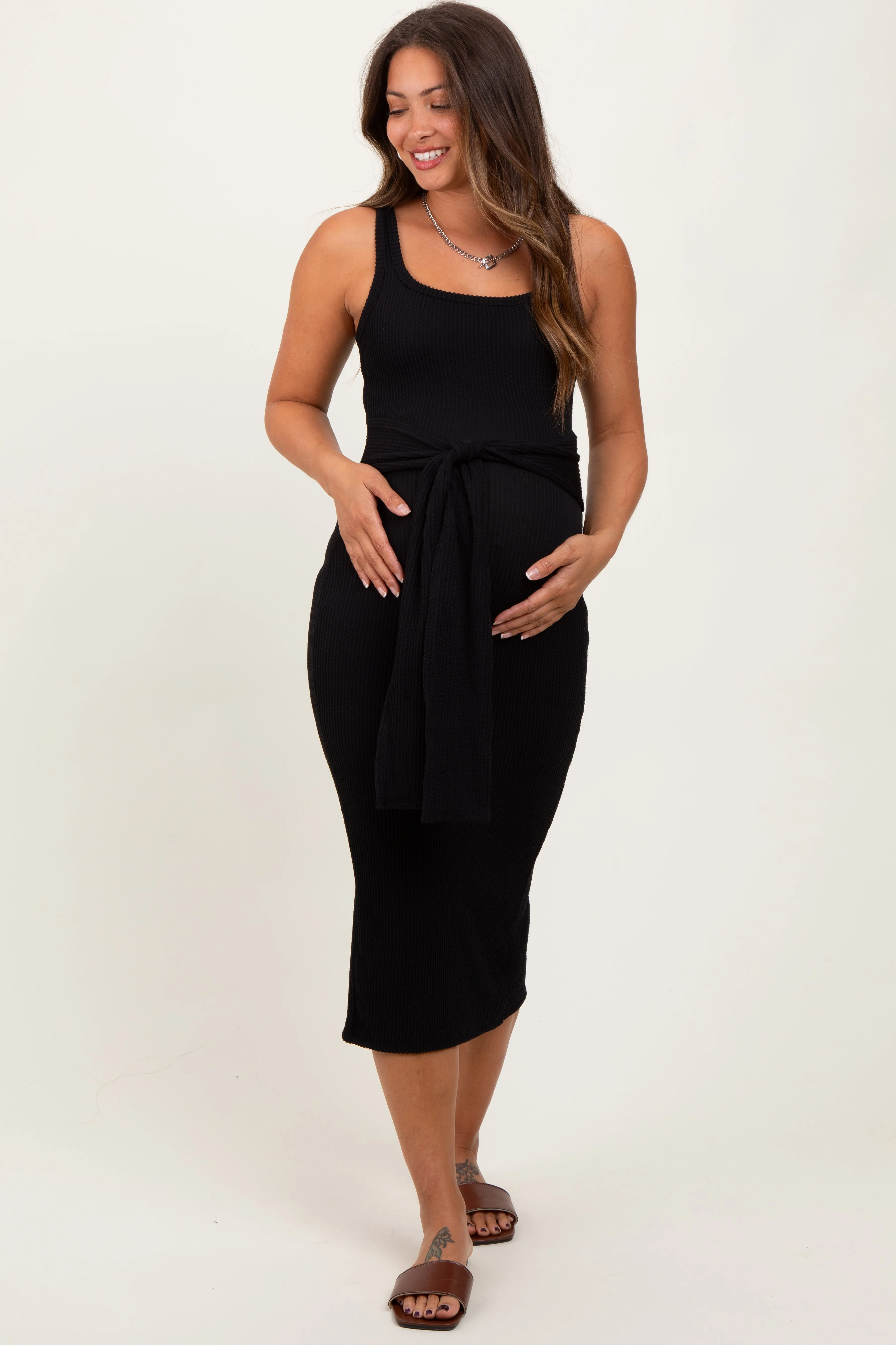 Black Ribbed Front Tie Sleeveless Maternity Midi Dress sold by Pinkblush product image thumbnail 2