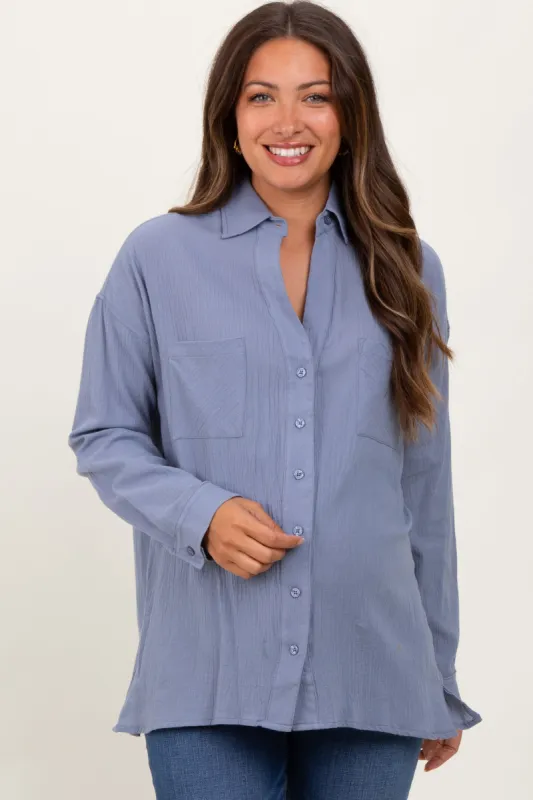 Blue Cotton Gauze Oversized Maternity Button Down Shirt sold by Pinkblush
