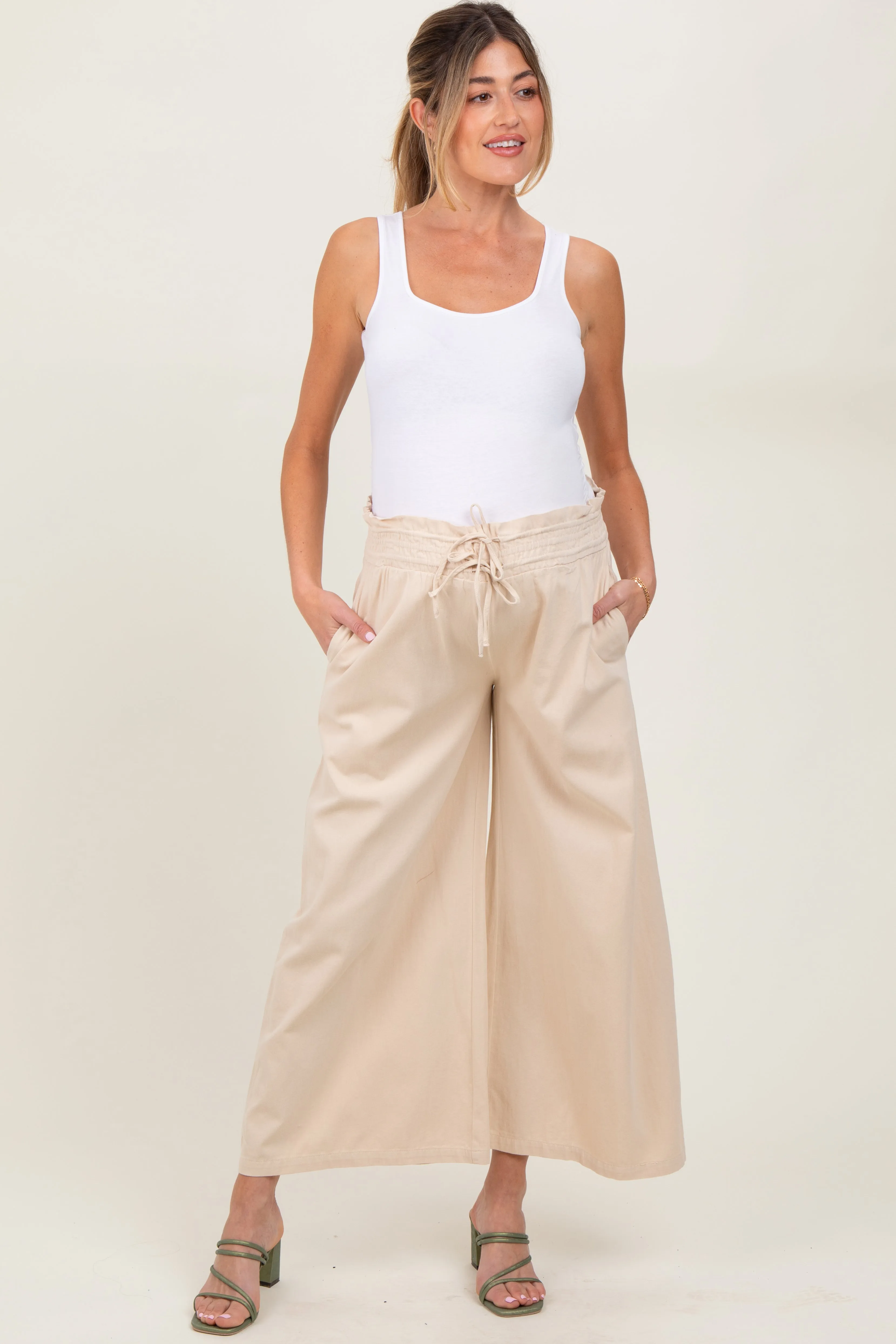 Cream Flowy Cropped Maternity Pant sold by Pinkblush