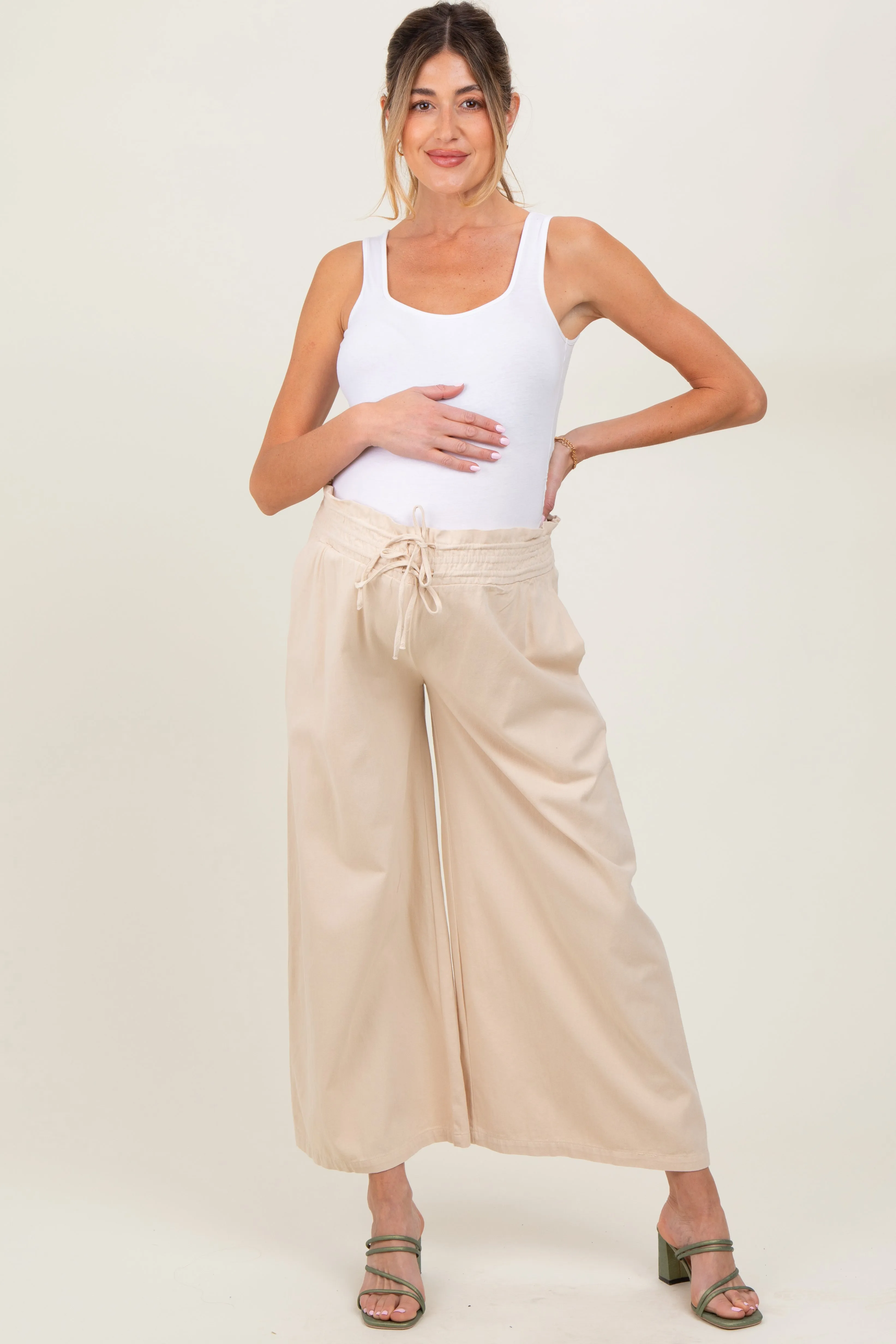Cream Flowy Cropped Maternity Pant sold by Pinkblush product image thumbnail 2