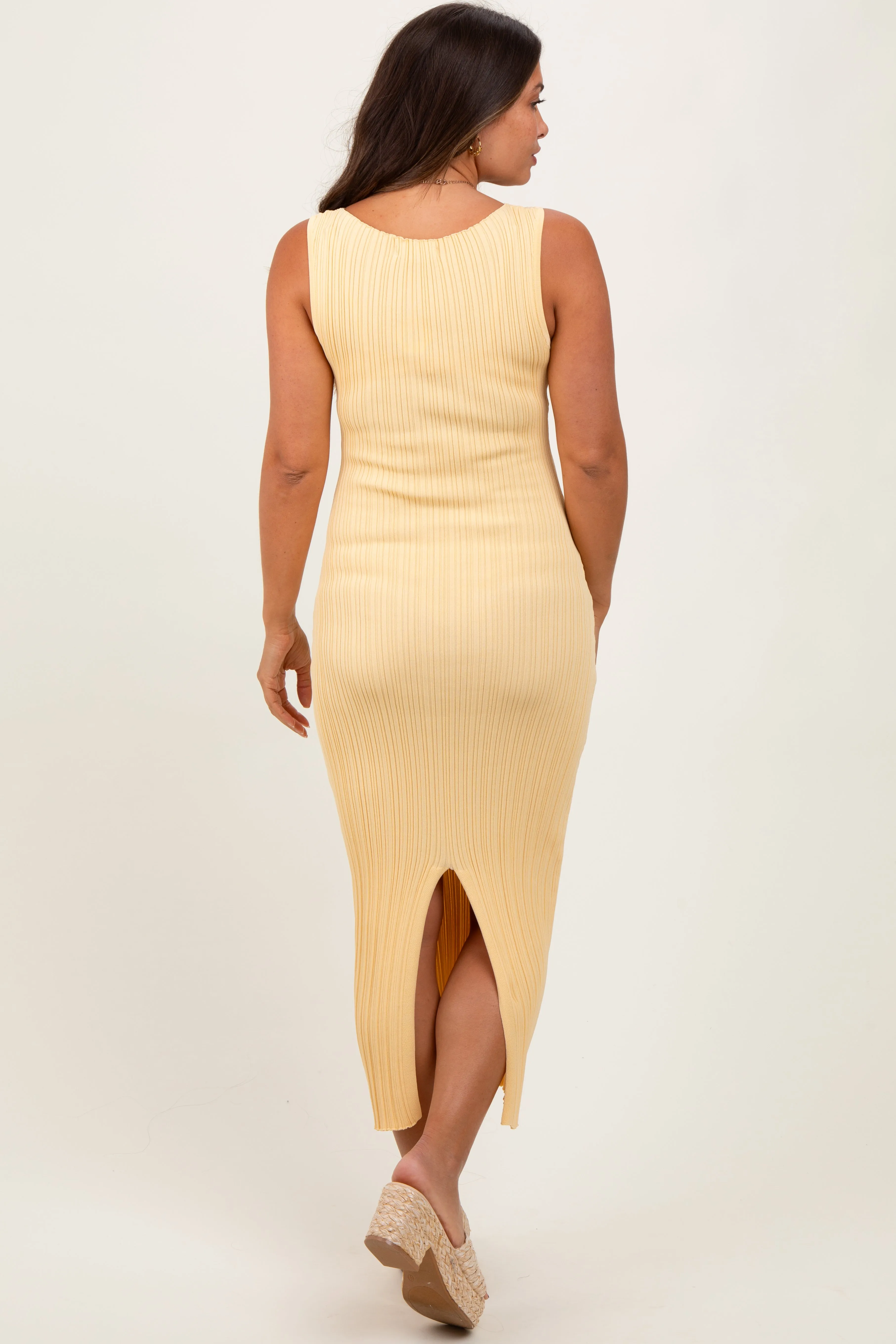 Yellow Ribbed Knit Black Slit Maternity Midi Dress sold by Pinkblush product image thumbnail 4