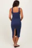 Navy Ribbed Front Tie Sleeveless Maternity Midi Dress sold by Pinkblush
