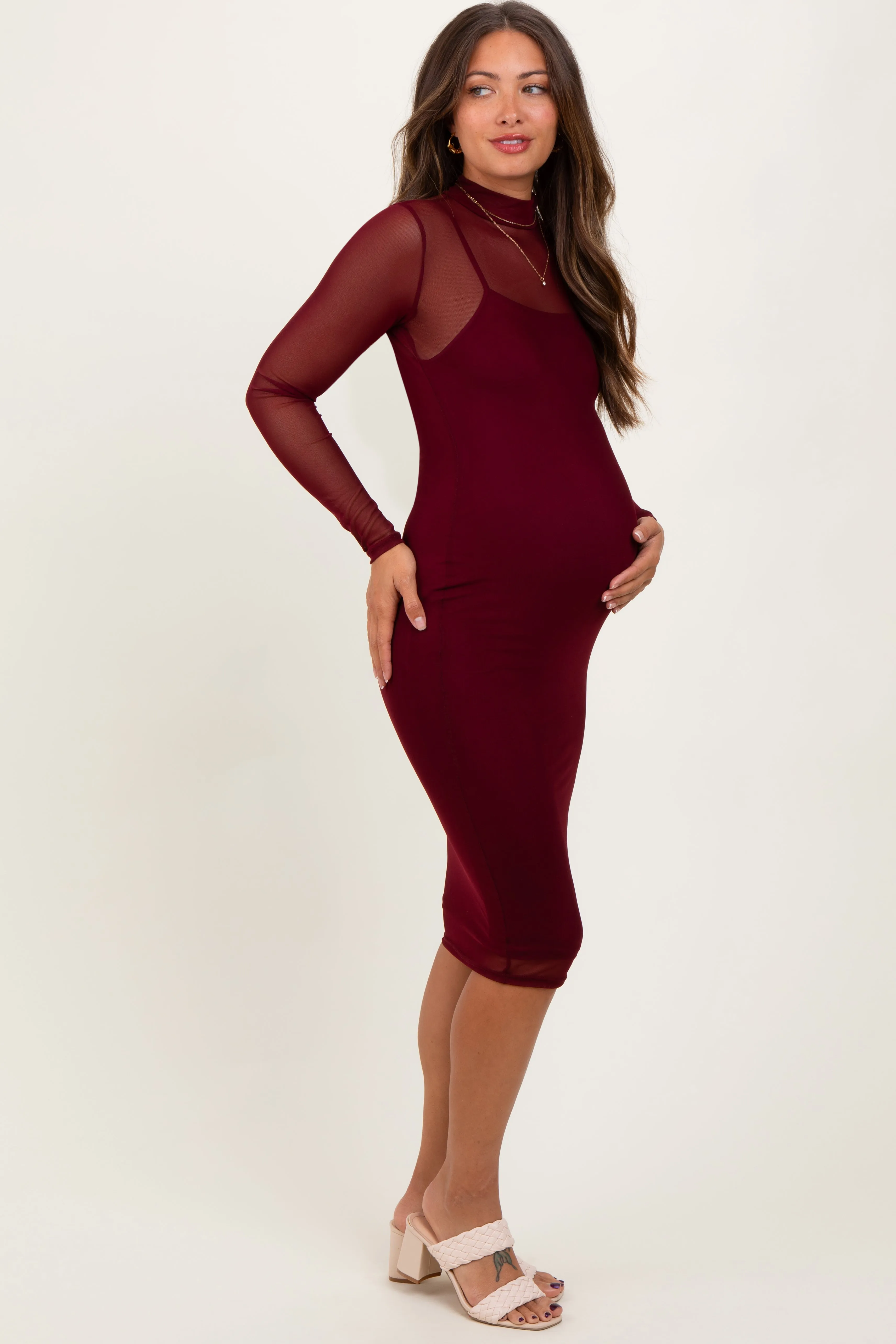 Burgundy Mesh Overlay Long Sleeve Maternity Midi Dress sold by Pinkblush product image thumbnail 3