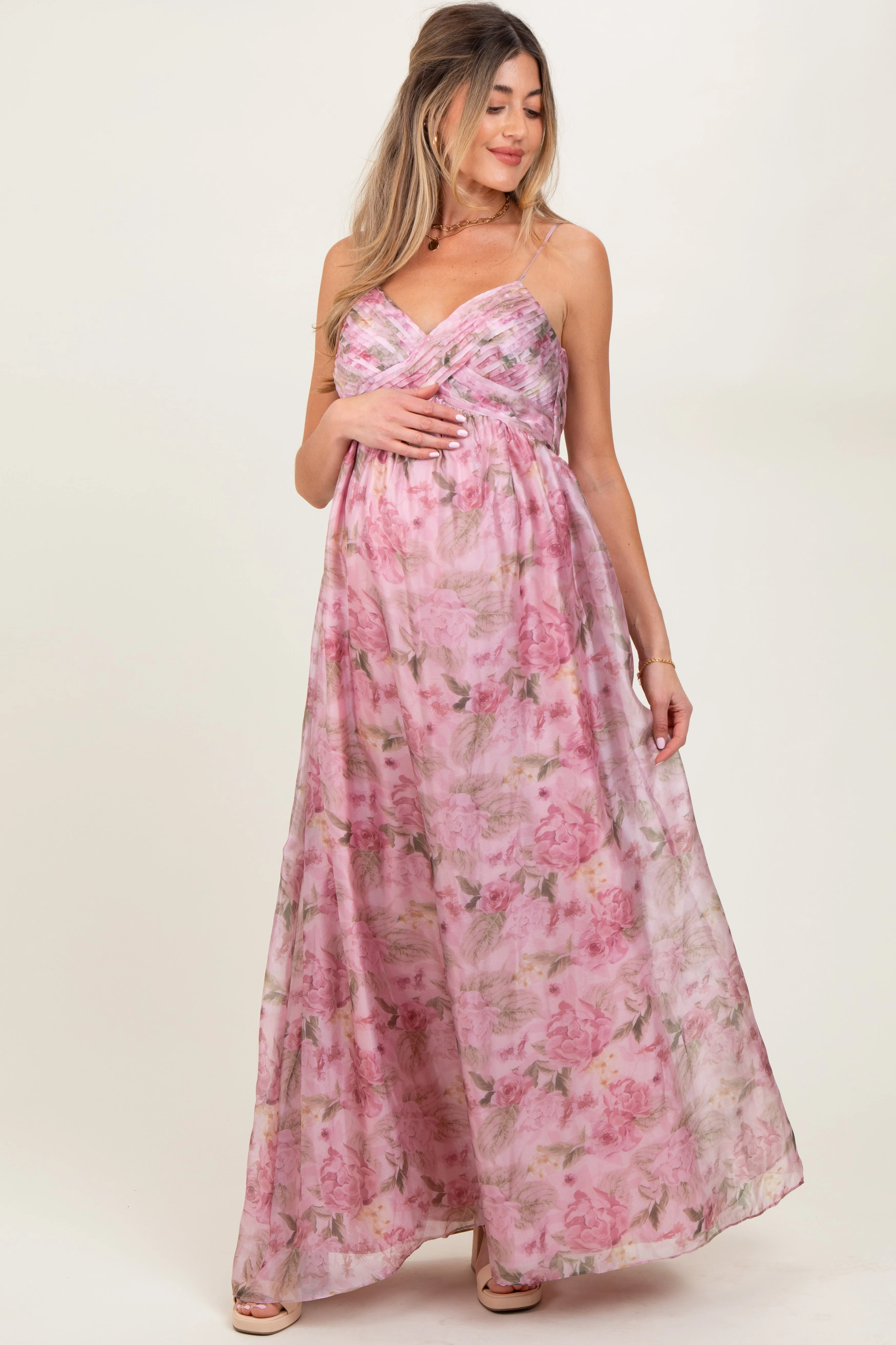 Pink Multi Floral Print Sleeveless Maternity Maxi Dress sold by Pinkblush product image thumbnail 2