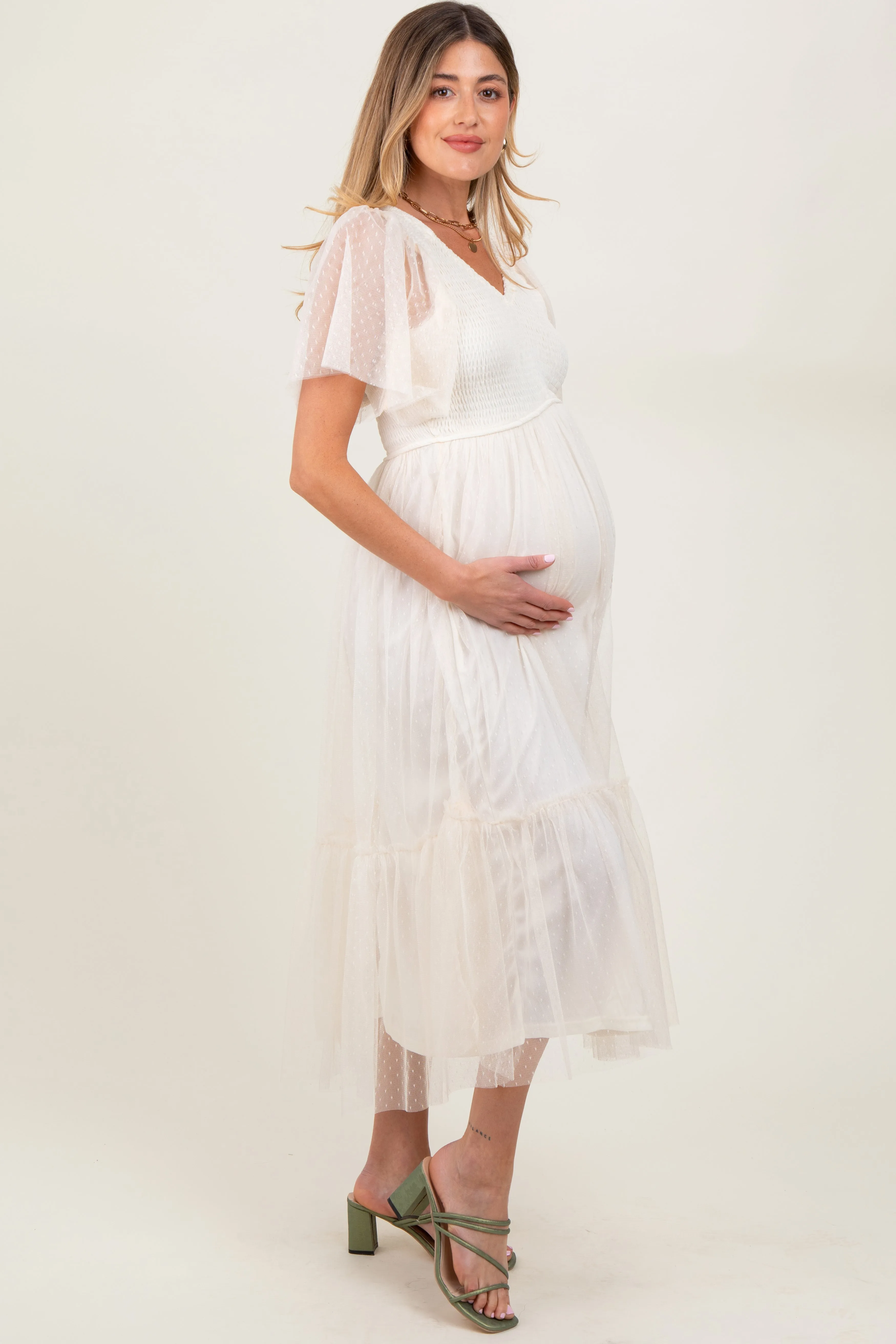 Beige Dotted Tulle Smocked Maternity Midi Dress sold by Pinkblush product image thumbnail 2