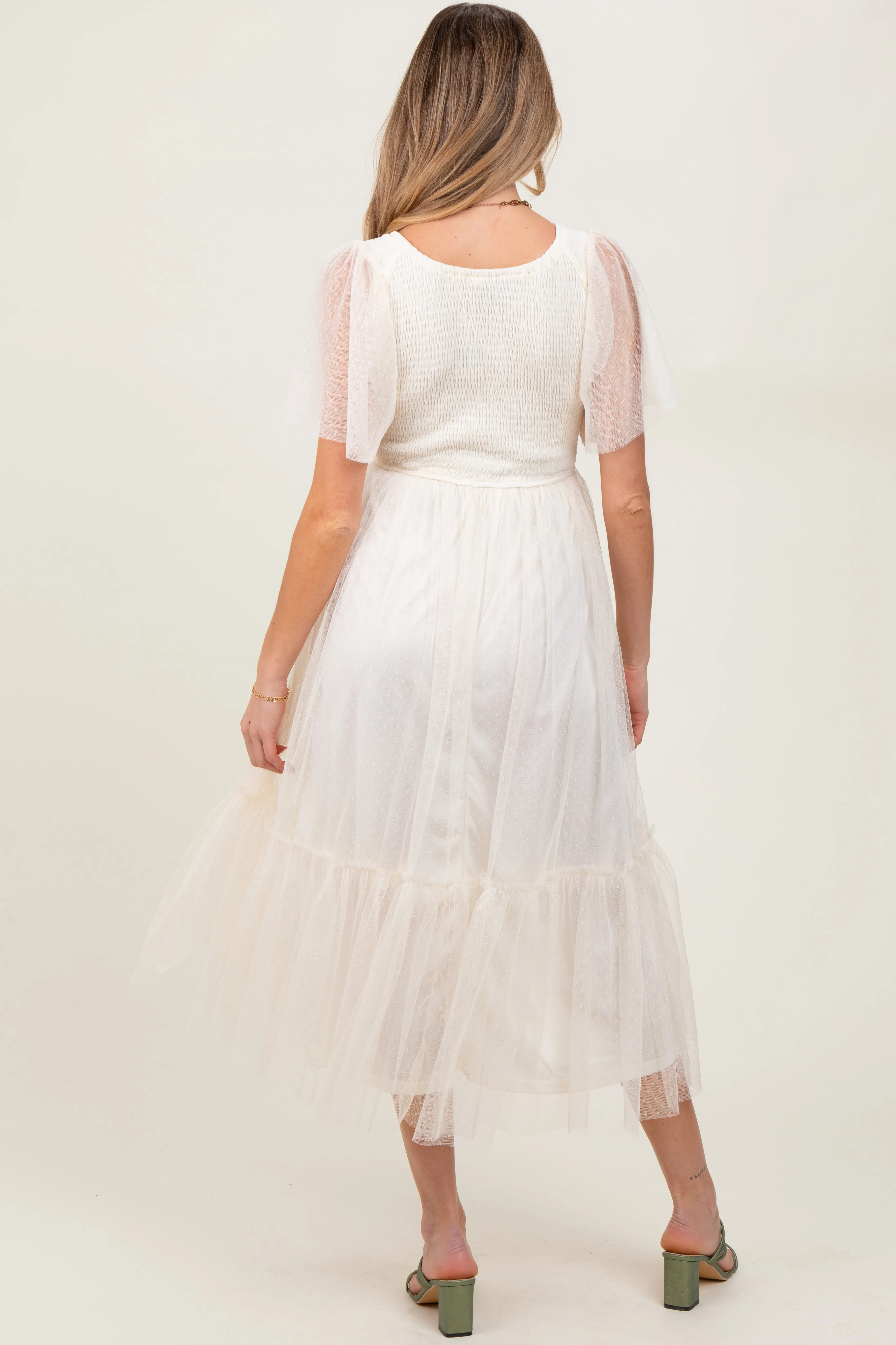 Beige Dotted Tulle Smocked Maternity Midi Dress sold by Pinkblush product image thumbnail 3