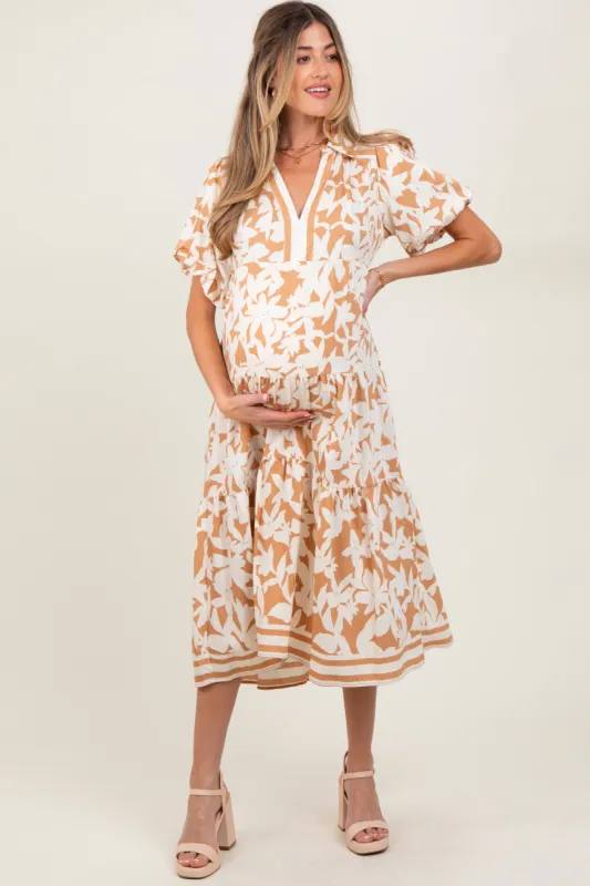 Mocha Botanical Print A Line Tiered Maternity Dress sold by Pinkblush