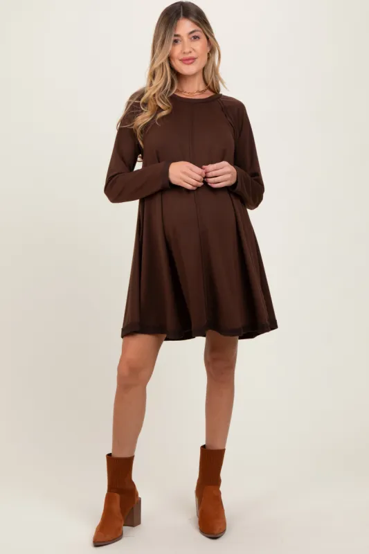 Brown Crew Neck Flared Fit Long Sleeve Maternity Mini Dress sold by Pinkblush