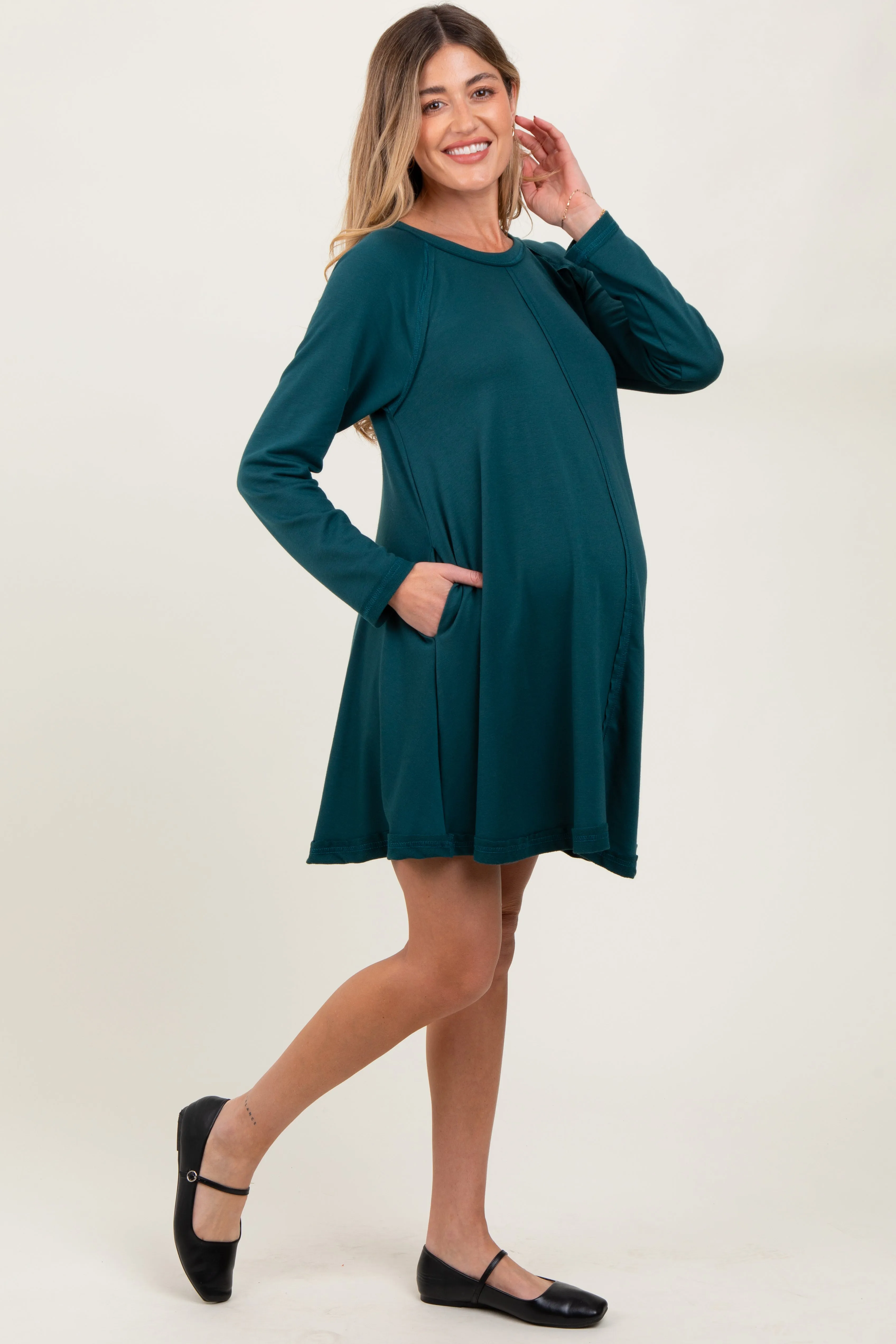 Green Crew Neck Flared Fit Long Sleeve Maternity Mini Dress sold by Pinkblush product image thumbnail 2