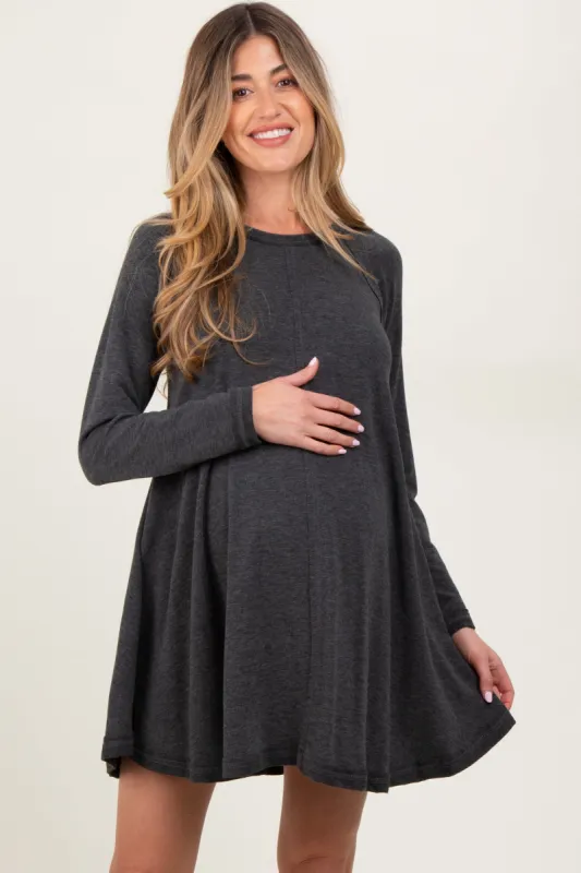 Charcoal Crew Neck Flared Fit Long Sleeve Maternity Mini Dress sold by Pinkblush