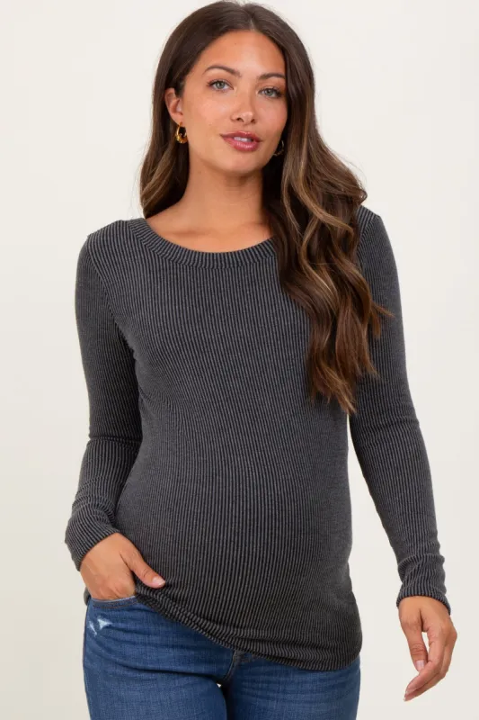 Charcoal Ribbed Scoop Neck Long Sleeve Maternity Top sold by Pinkblush