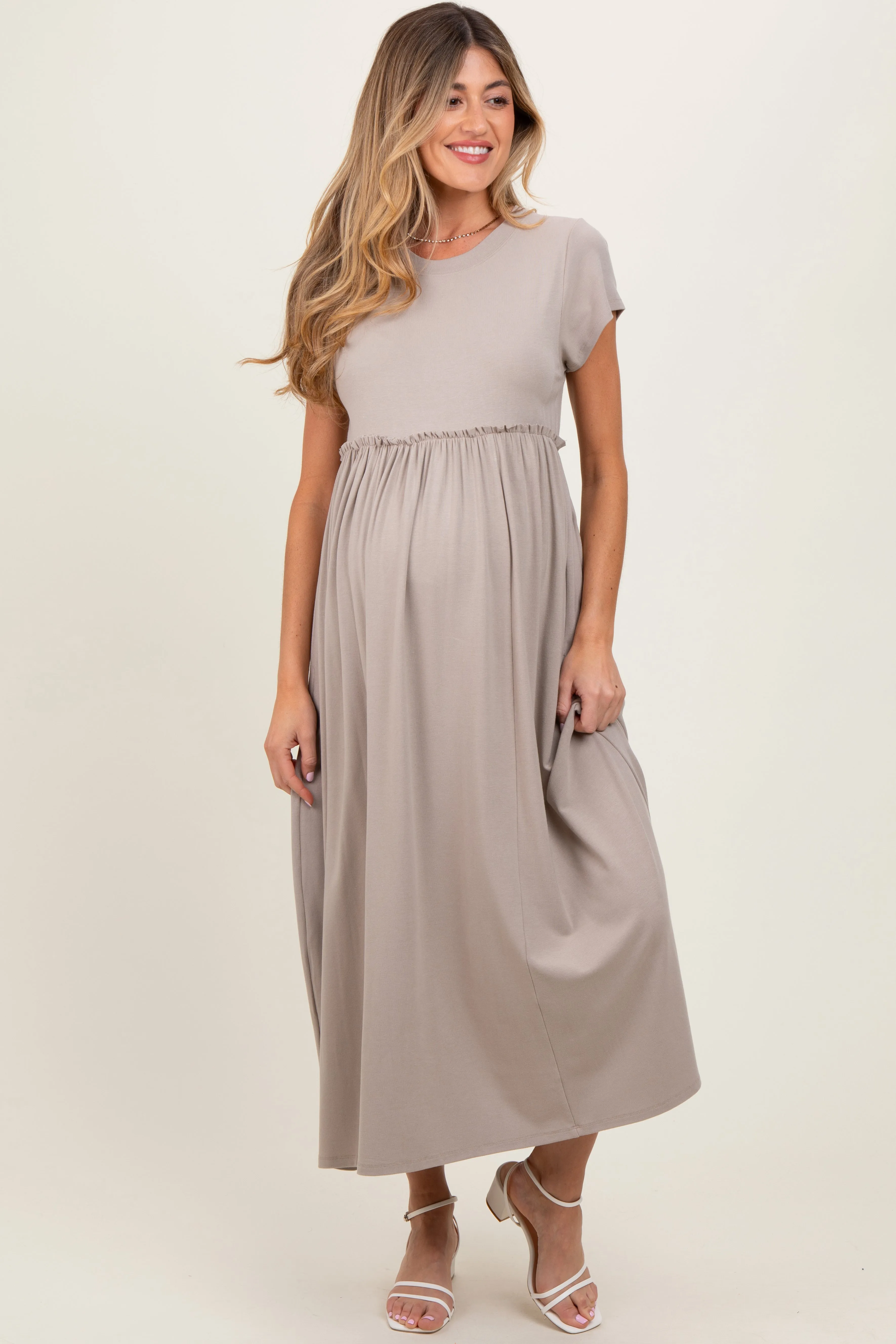 Taupe Ruffle Trim Maternity Maxi Dress sold by Pinkblush