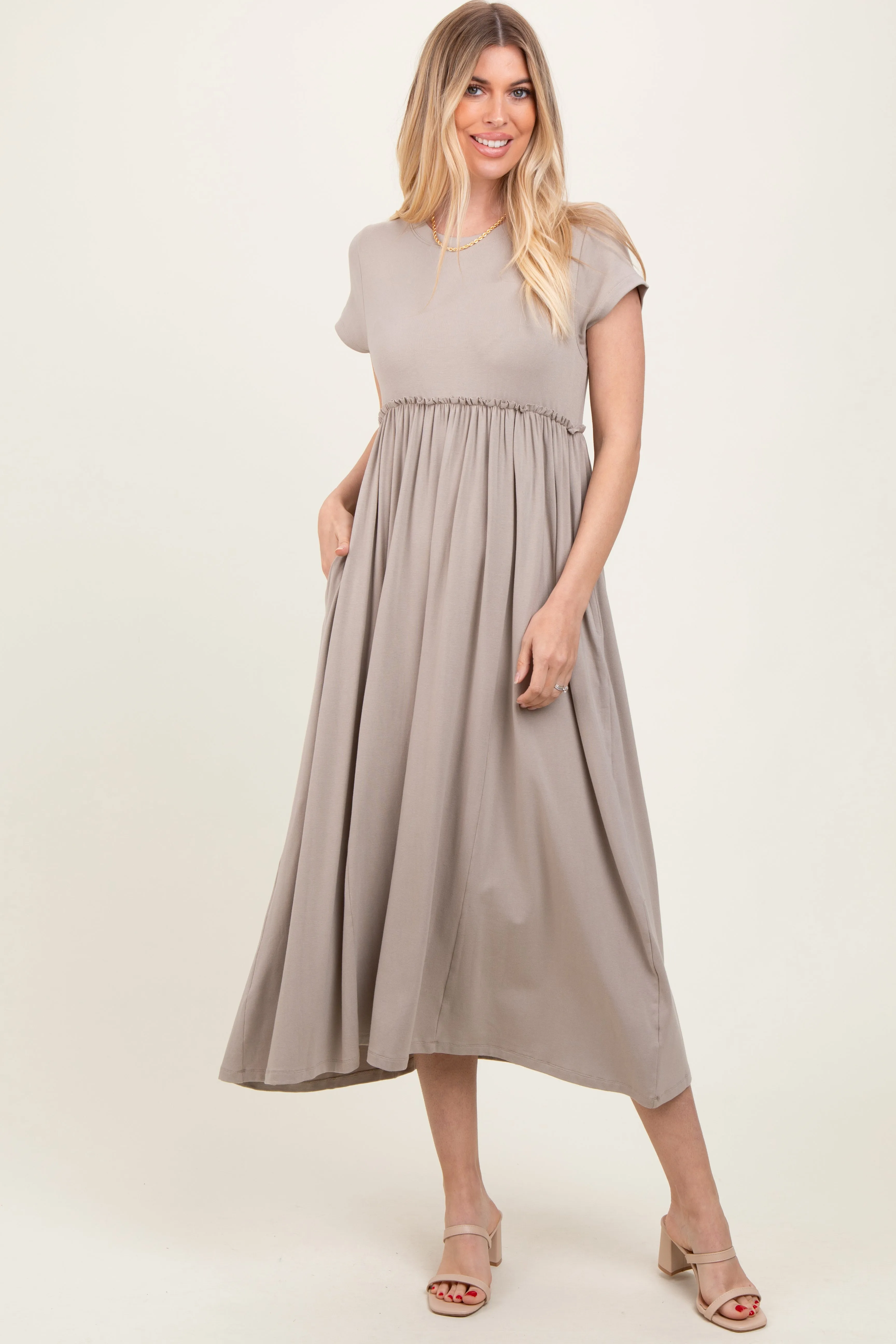 Taupe Ruffle Trim Maternity Maxi Dress sold by Pinkblush product image thumbnail 5