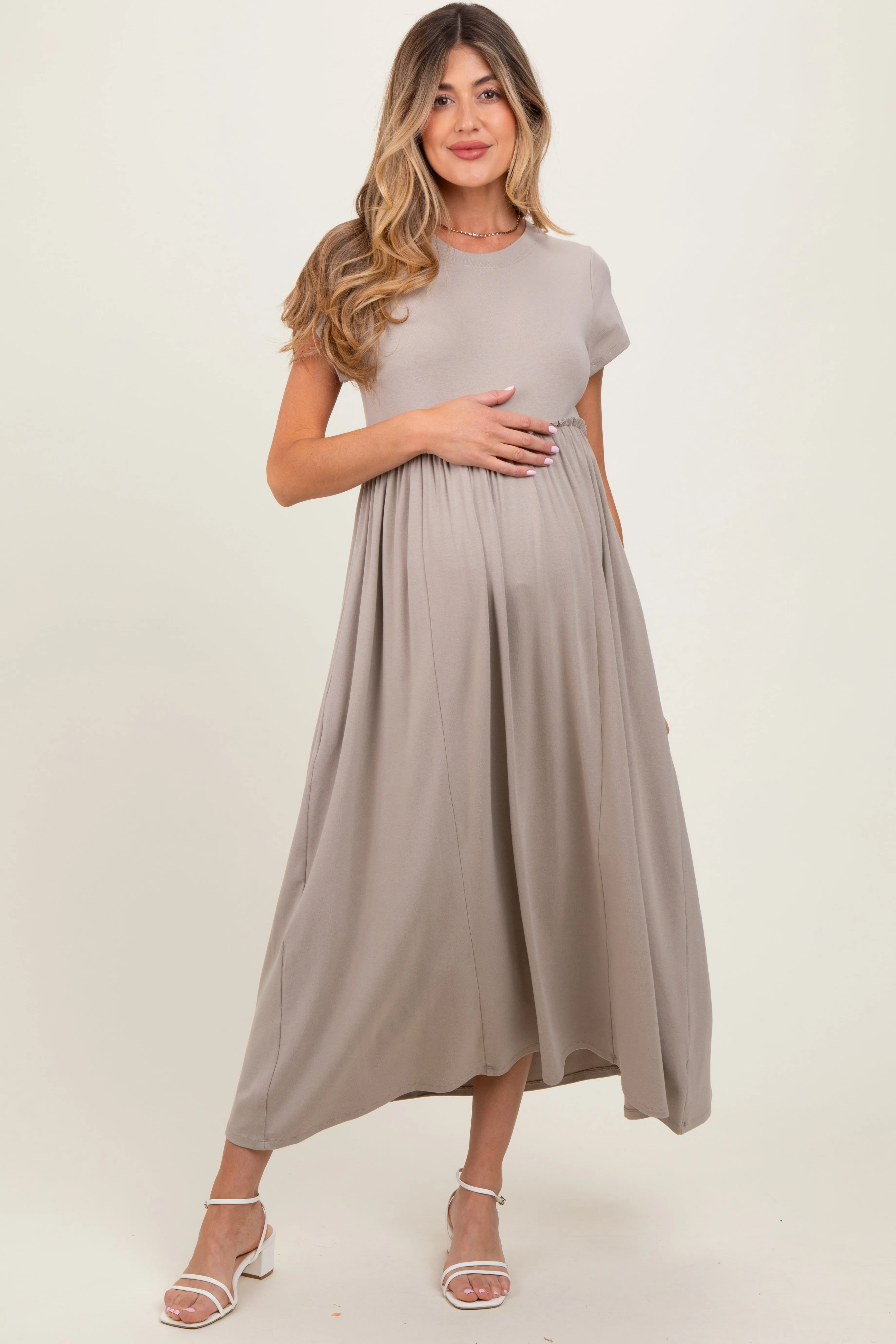Taupe Ruffle Trim Maternity Maxi Dress sold by Pinkblush product image thumbnail 2