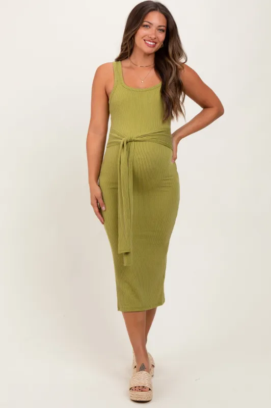 Lime Ribbed Front Tie Sleeveless Maternity Midi Dress sold by Pinkblush
