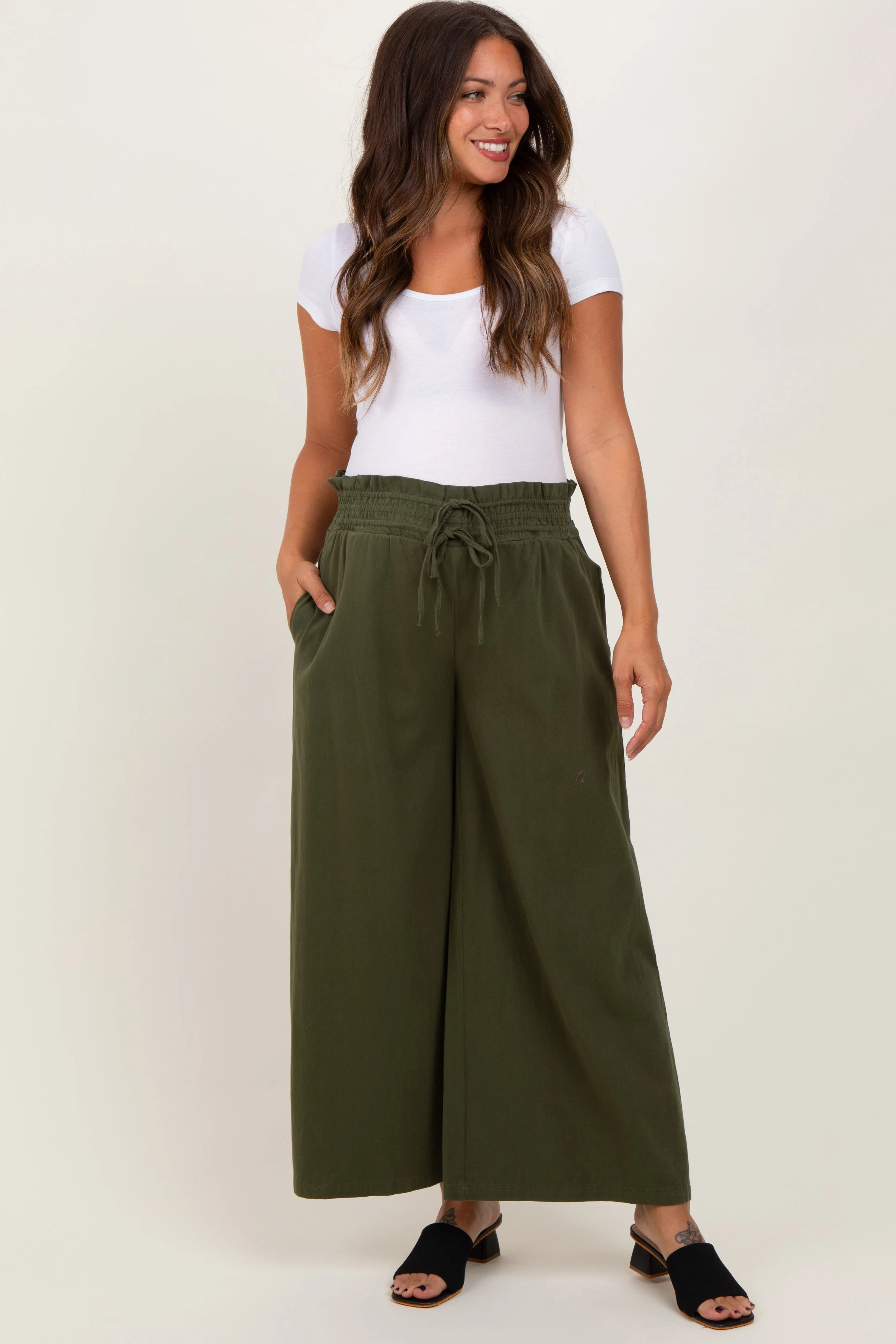 Olive Flowy Cropped Maternity Pant sold by Pinkblush