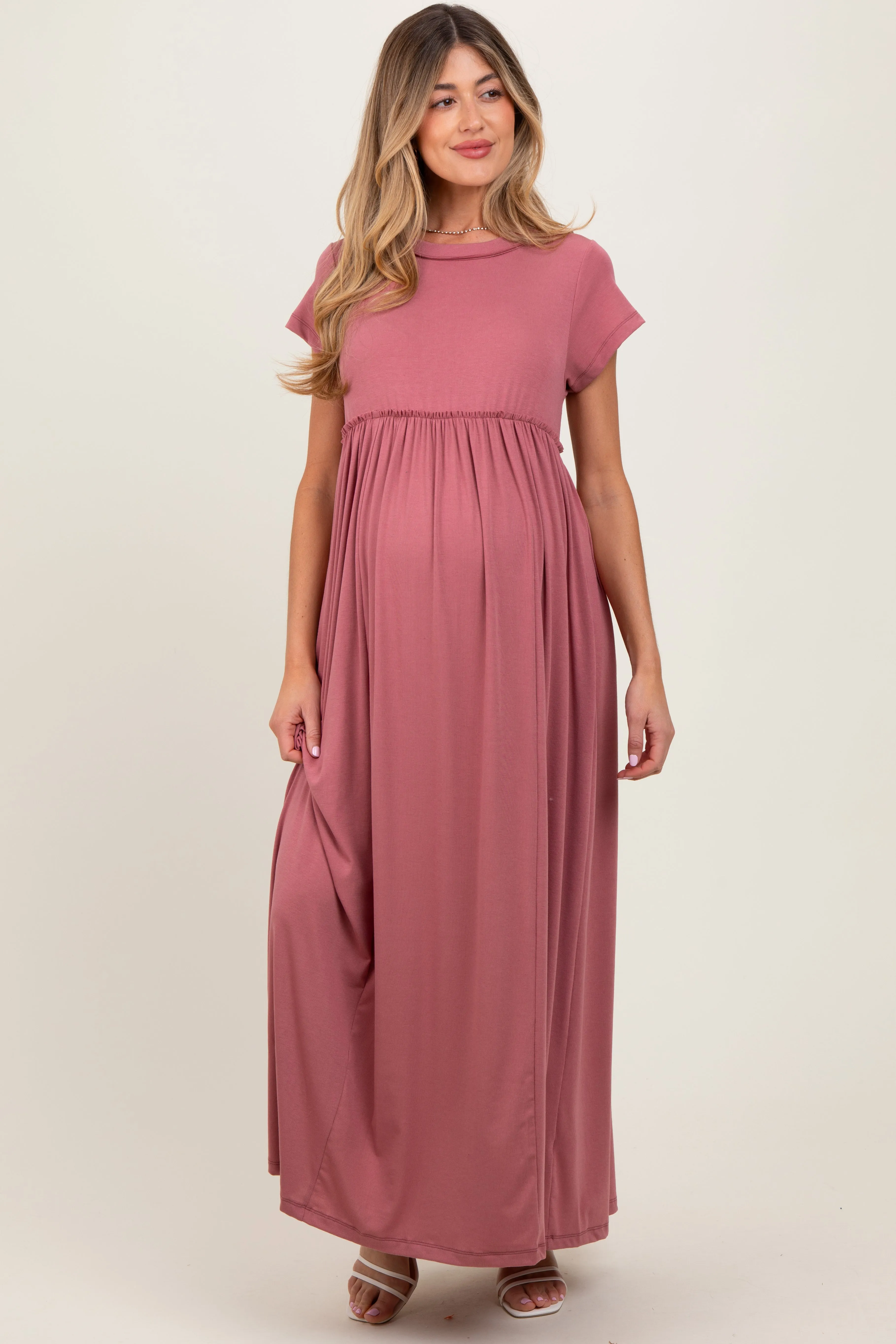Mauve Short Sleeve Pocketed Maternity Maxi Dress sold by Pinkblush