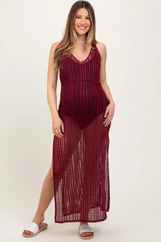 Burgundy Crochet V-Neck Side Slit Maternity Cover Up sold by Pinkblush