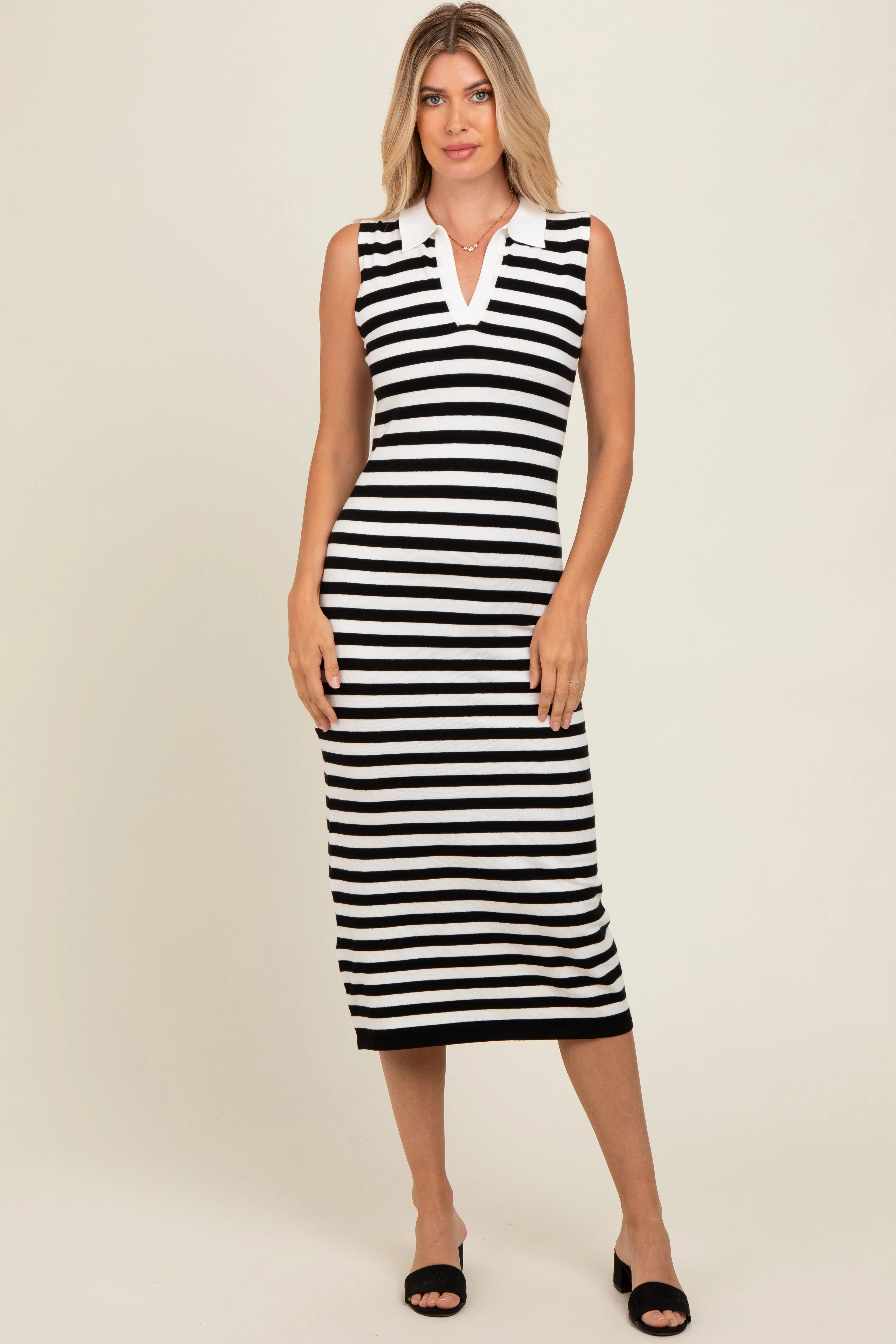 Black Striped Fitted Polo Midi Dress sold by Pinkblush