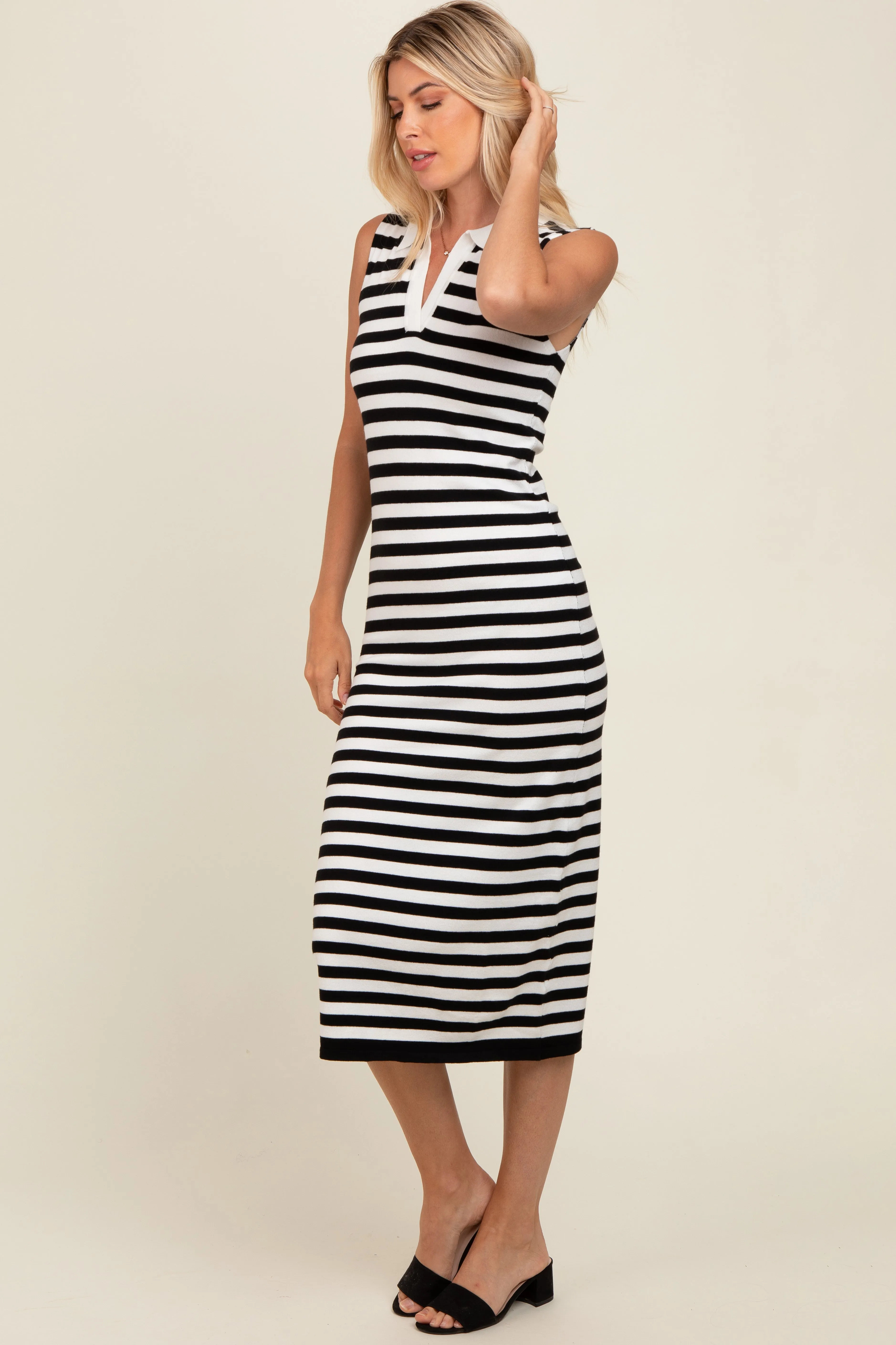 Black Striped Fitted Polo Midi Dress sold by Pinkblush product image thumbnail 3