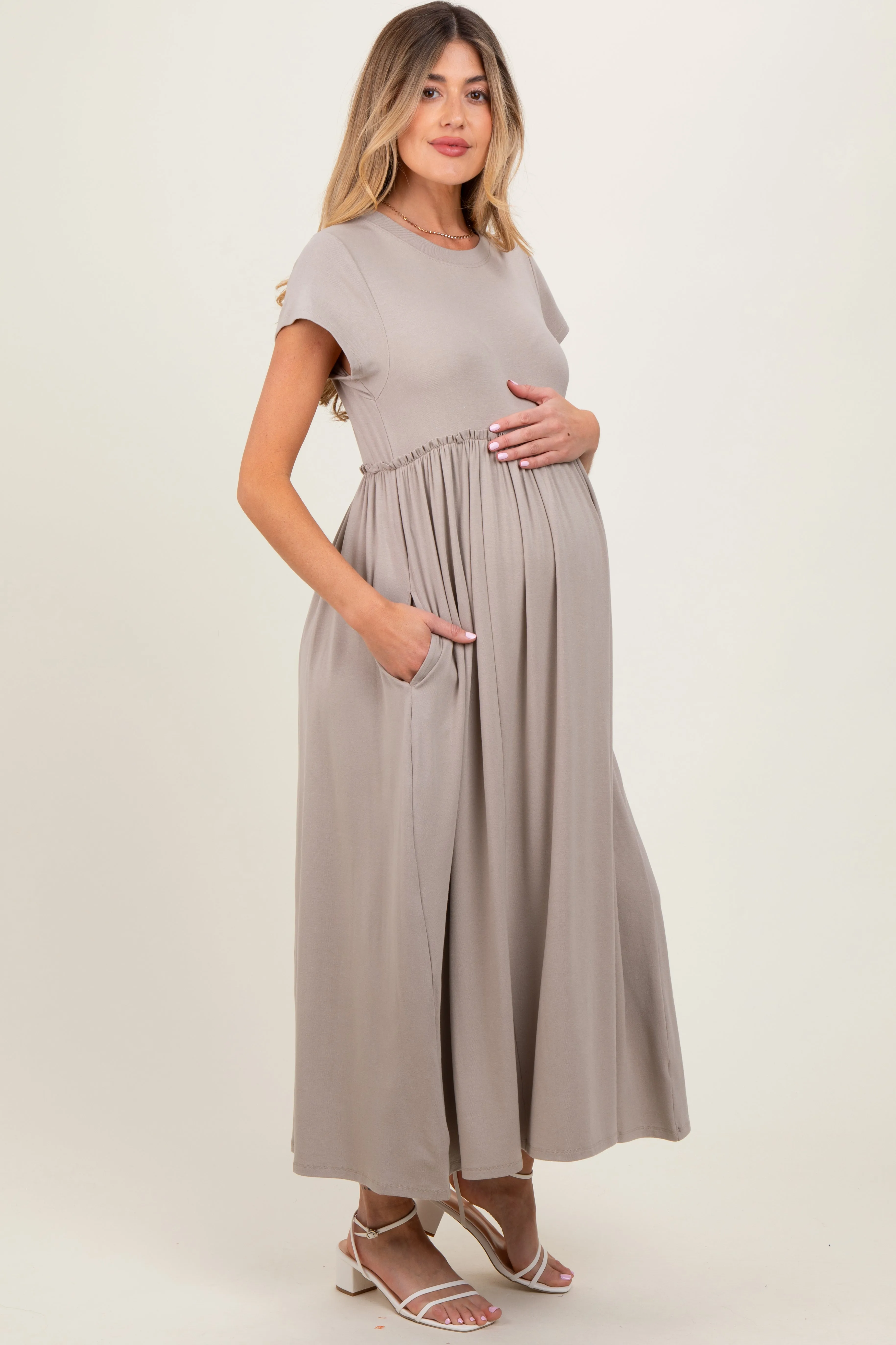 Taupe Ruffle Trim Maternity Maxi Dress sold by Pinkblush product image thumbnail 3