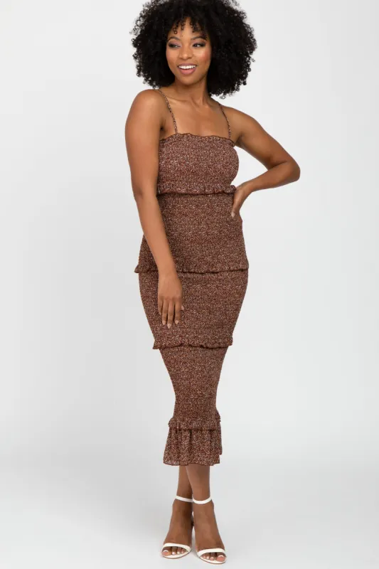 Burgundy Floral Print Smocked Fitted Midi Dress sold by Pinkblush