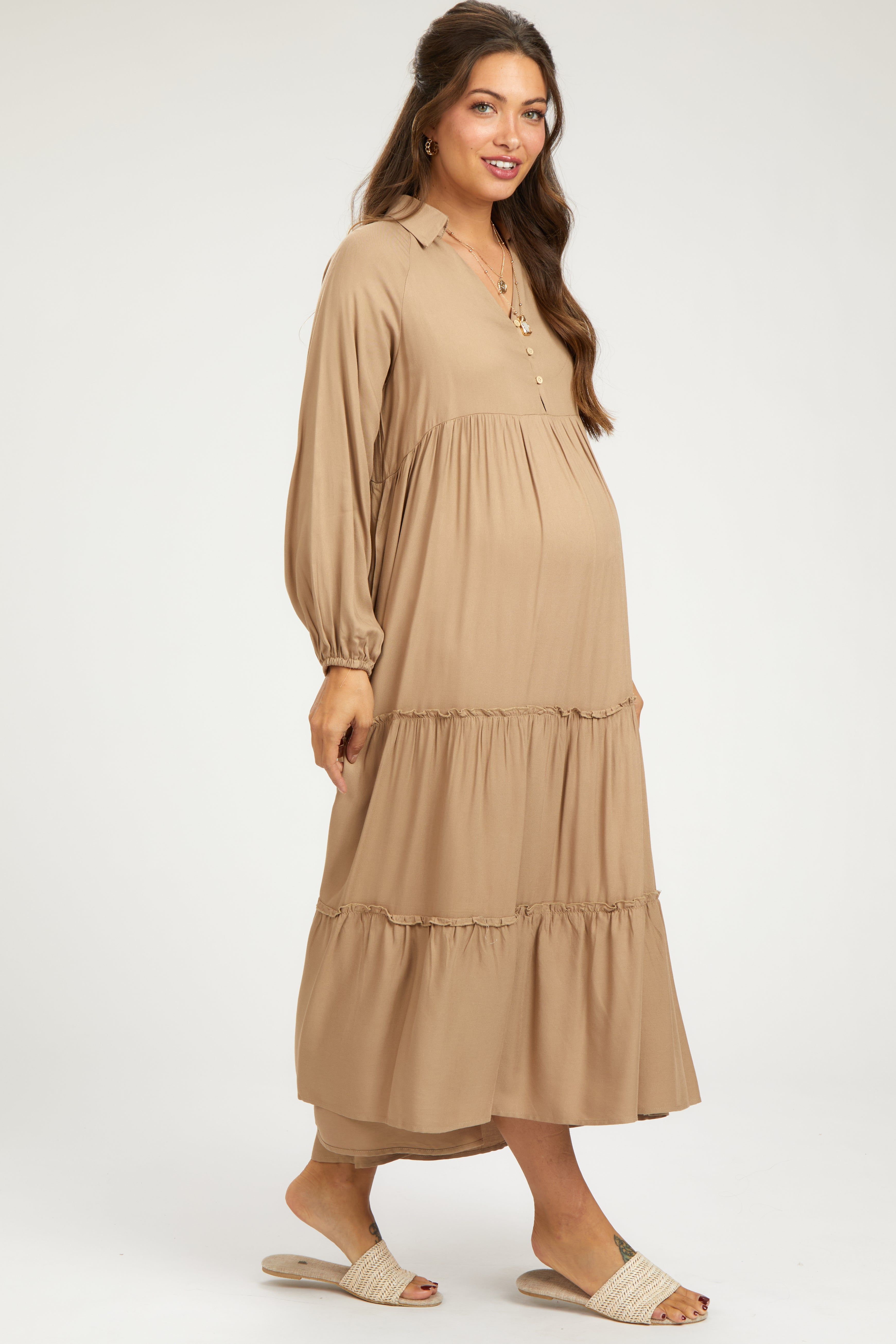 Taupe Button Front V-Neck Ruffle Tiered Maternity Midi Dress sold by Pinkblush product image thumbnail 2