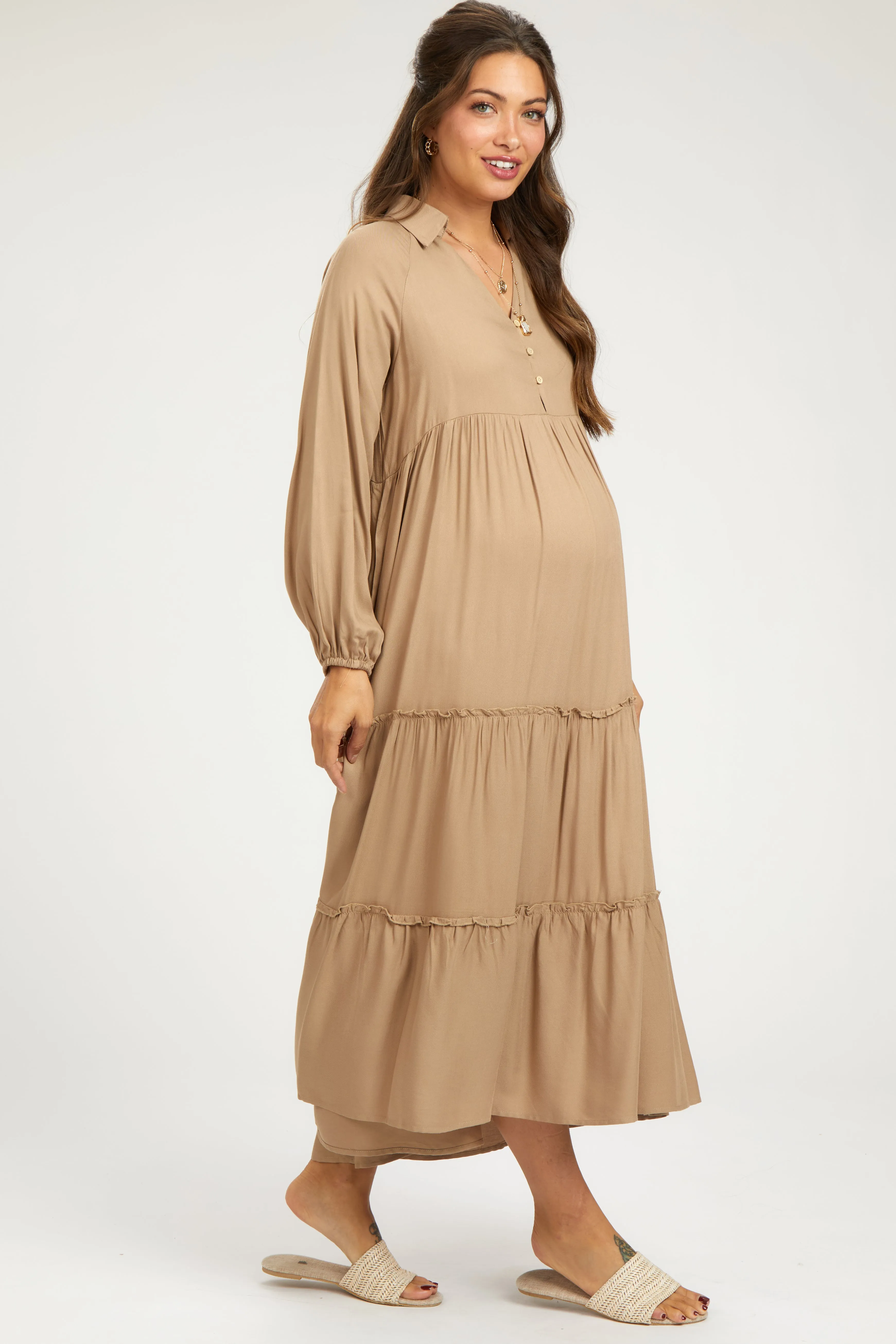 Taupe Button Front V-Neck Ruffle Tiered Maternity Midi Dress sold by Pinkblush product image thumbnail 2