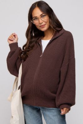 Brown Oversized Zip Up Maternity Cardigan sold by Pinkblush