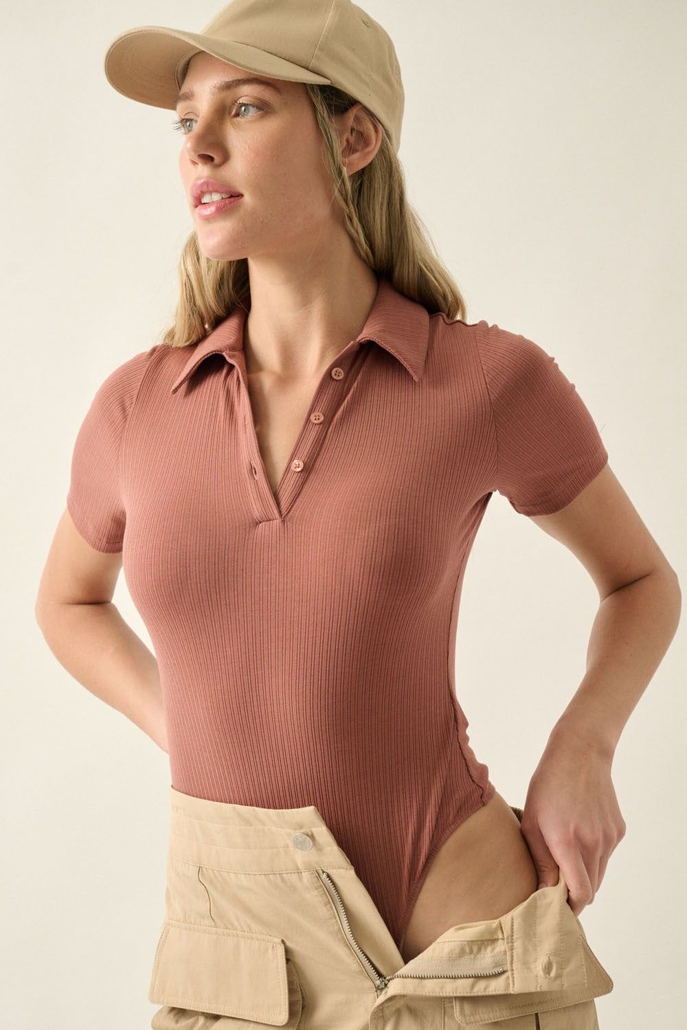 Clay Solid Collar Neck Button Front Rib Knit Bodysuit sold by Pinkblush product image thumbnail 4
