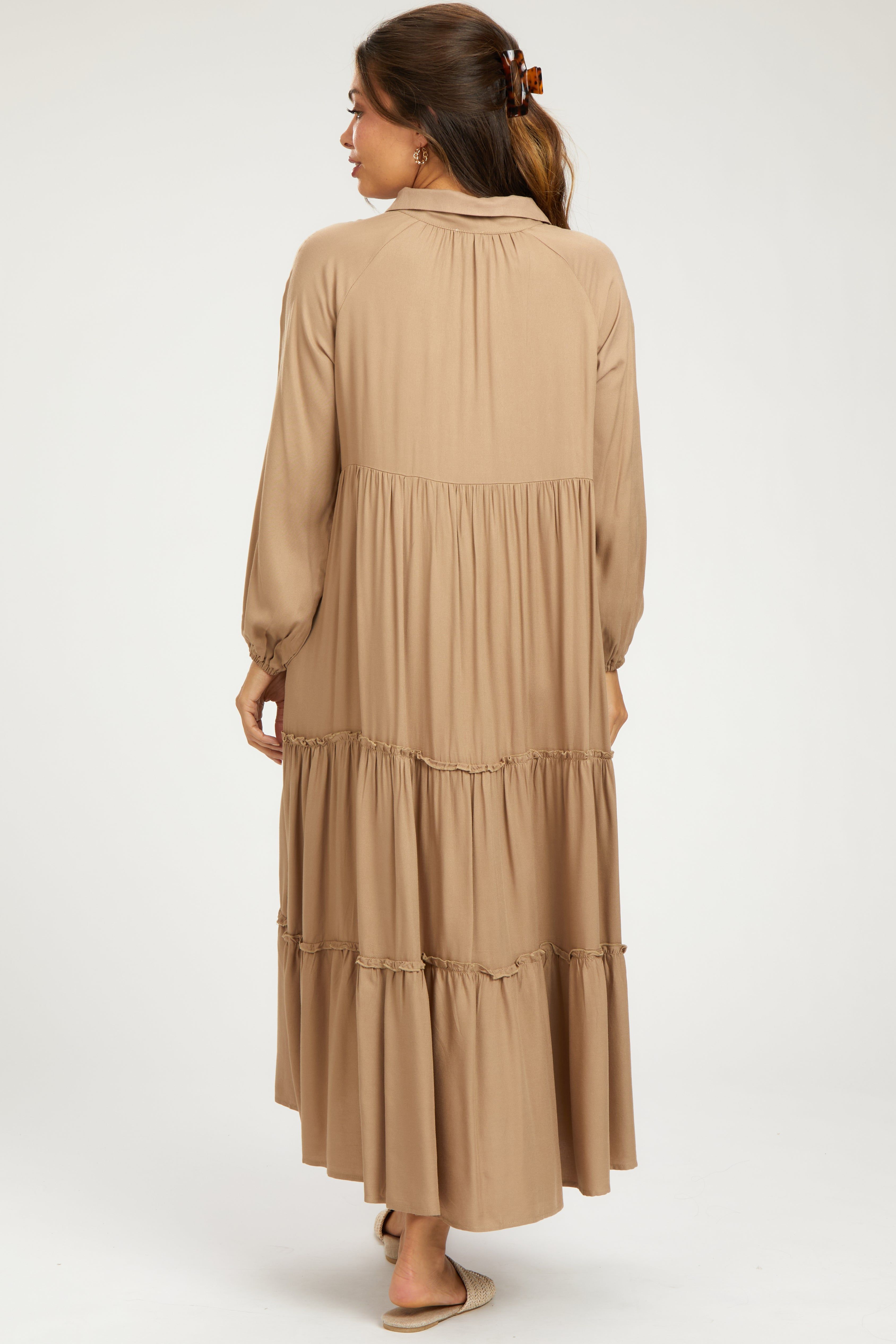 Taupe Button Front V-Neck Ruffle Tiered Maternity Midi Dress sold by Pinkblush product image thumbnail 3