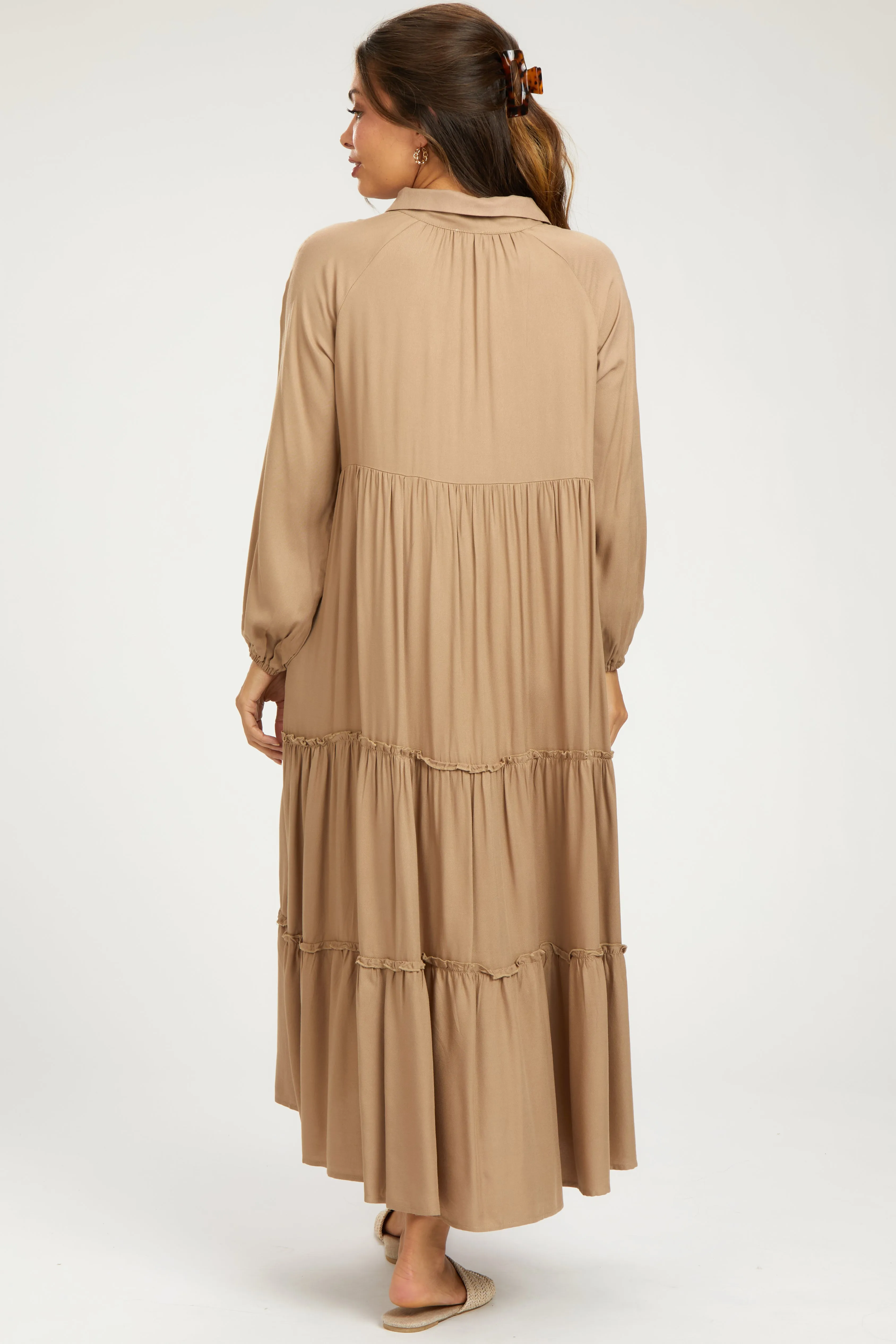 Taupe Button Front V-Neck Ruffle Tiered Maternity Midi Dress sold by Pinkblush product image thumbnail 3