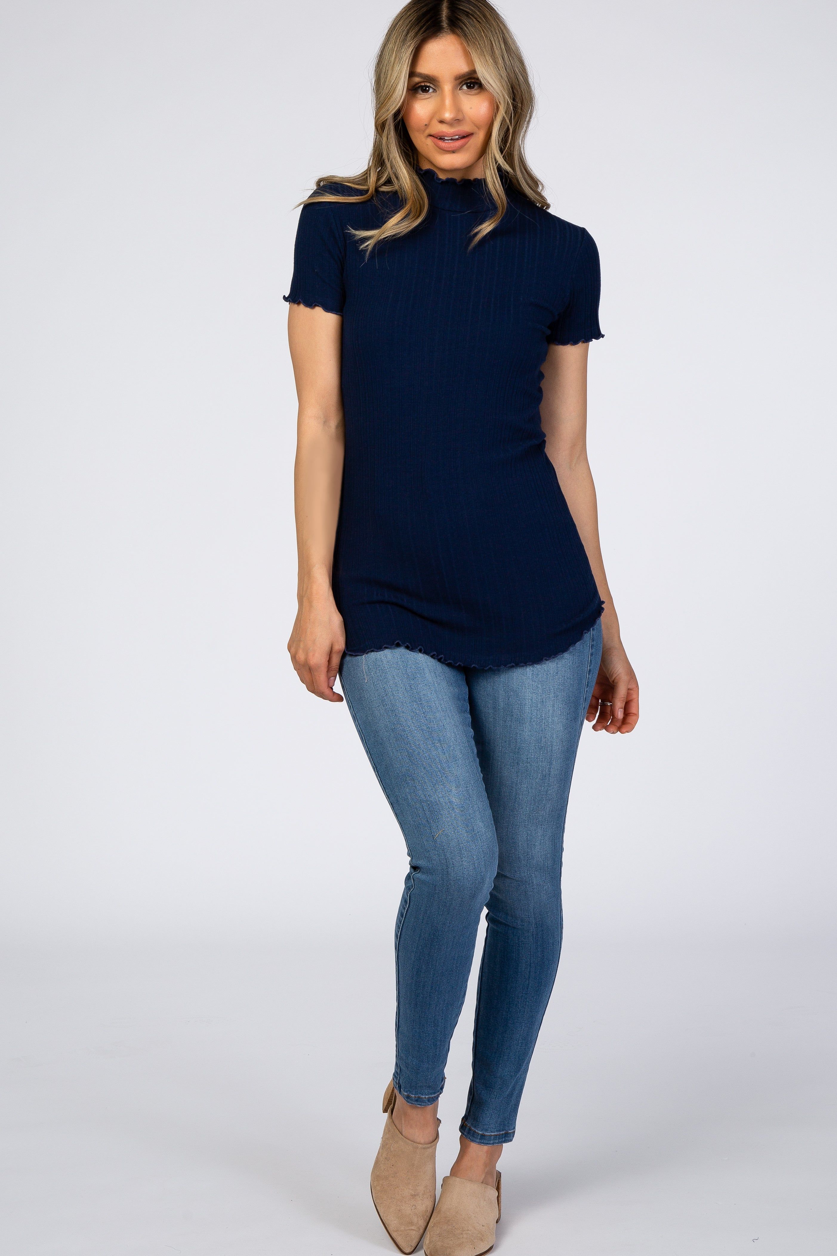 Navy Blue Ribbed Ruffle Trim Top sold by Pinkblush product image thumbnail 4