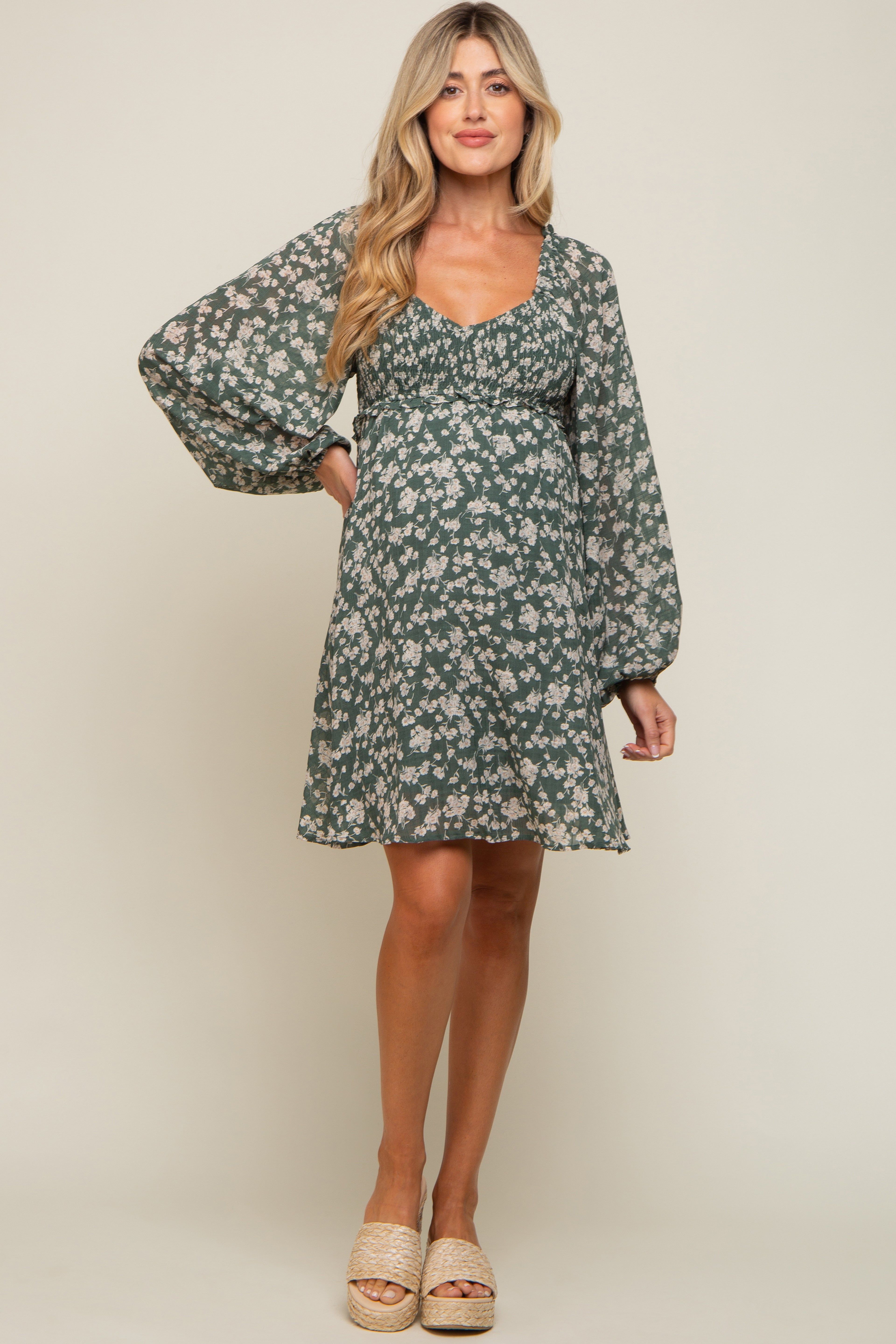 Green Floral Long Puff Sleeve Maternity Dress sold by Pinkblush product image thumbnail 4