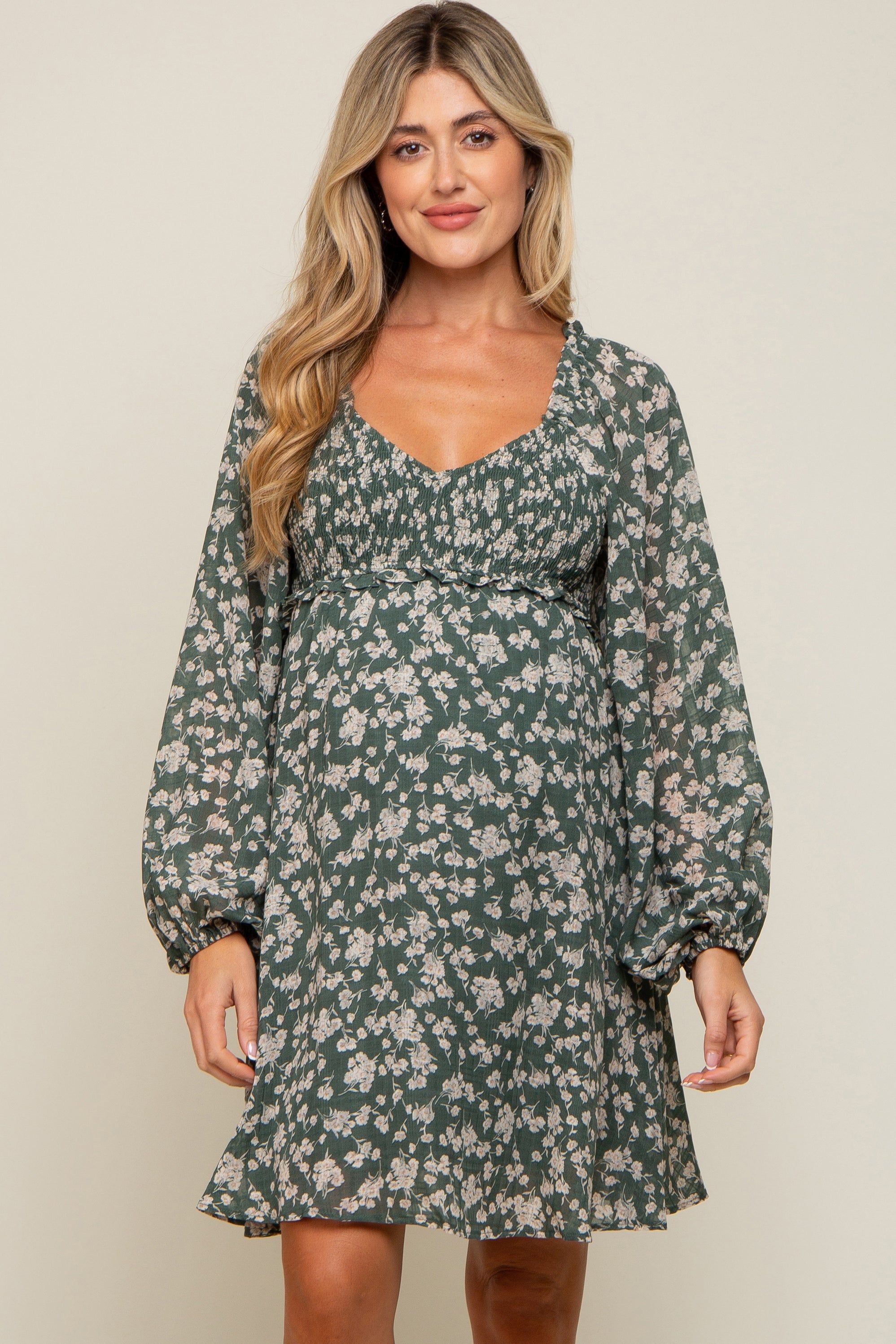 Green Floral Long Puff Sleeve Maternity Dress sold by Pinkblush