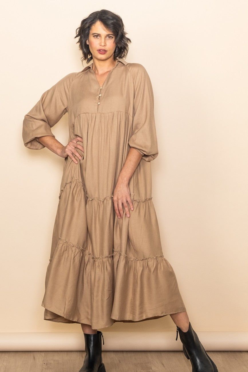 Taupe Button Front V-Neck Ruffle Tiered Maternity Midi Dress sold by Pinkblush product image thumbnail 4