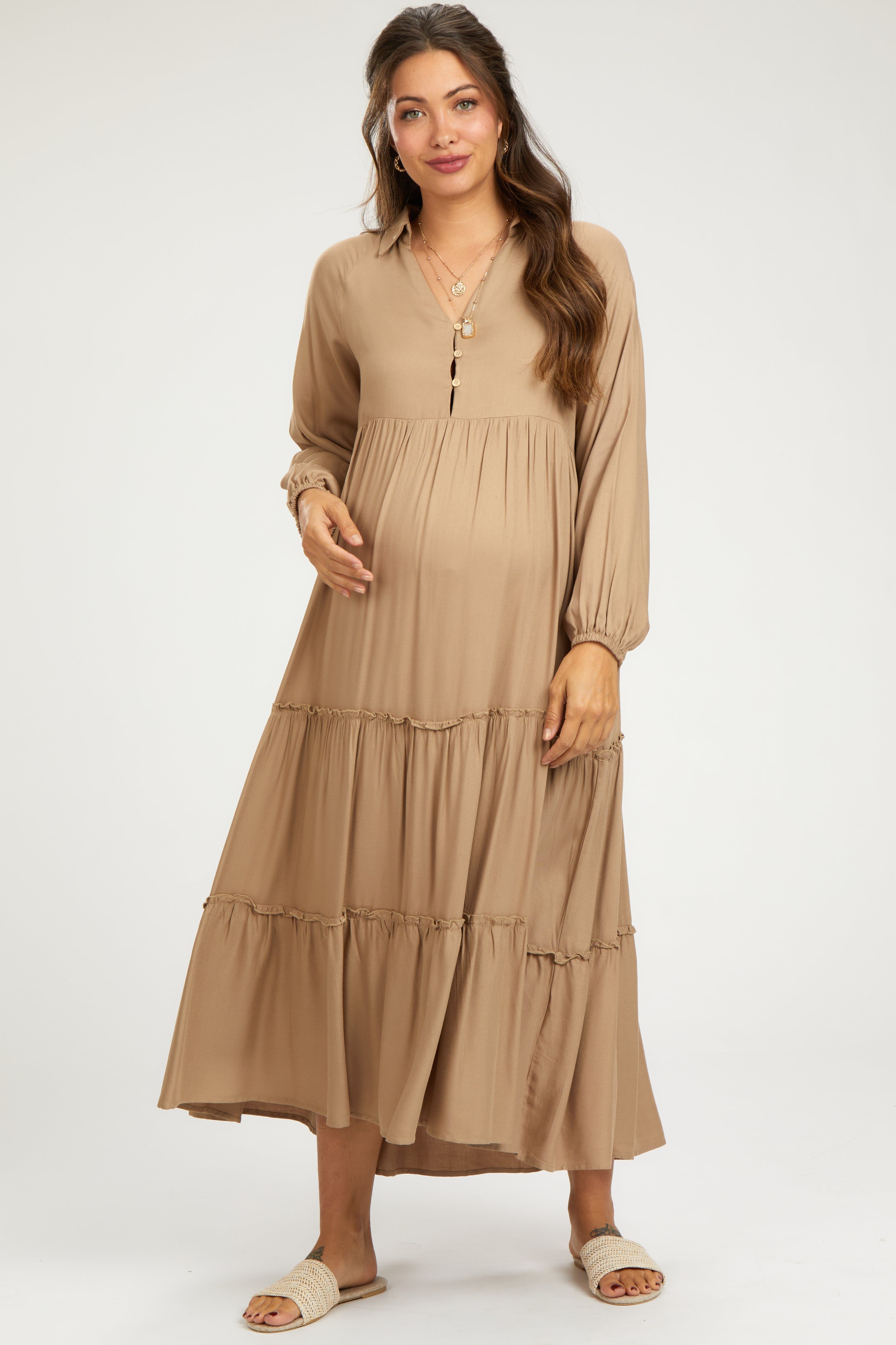 Taupe Button Front V-Neck Ruffle Tiered Maternity Midi Dress sold by Pinkblush