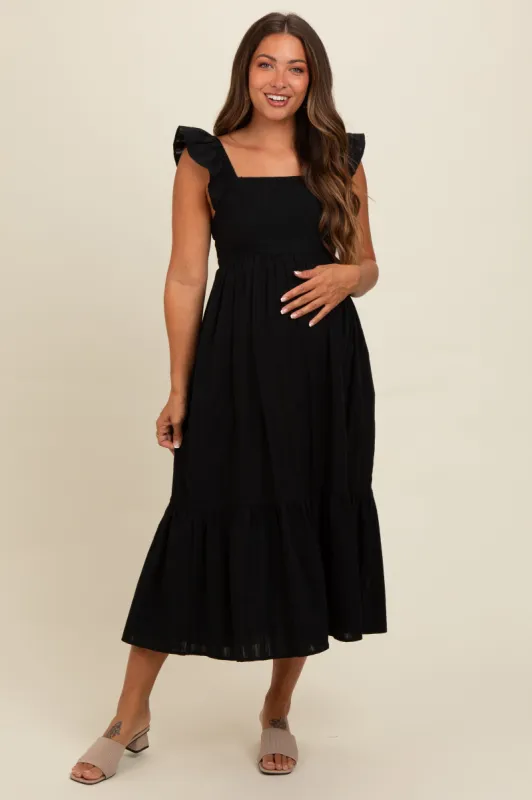 Black Textured Cotton Ruffle Strap Maternity Midi Dress sold by Pinkblush