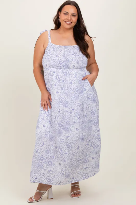 White Blue Floral Tie Strap Plus Maxi Dress sold by Pinkblush