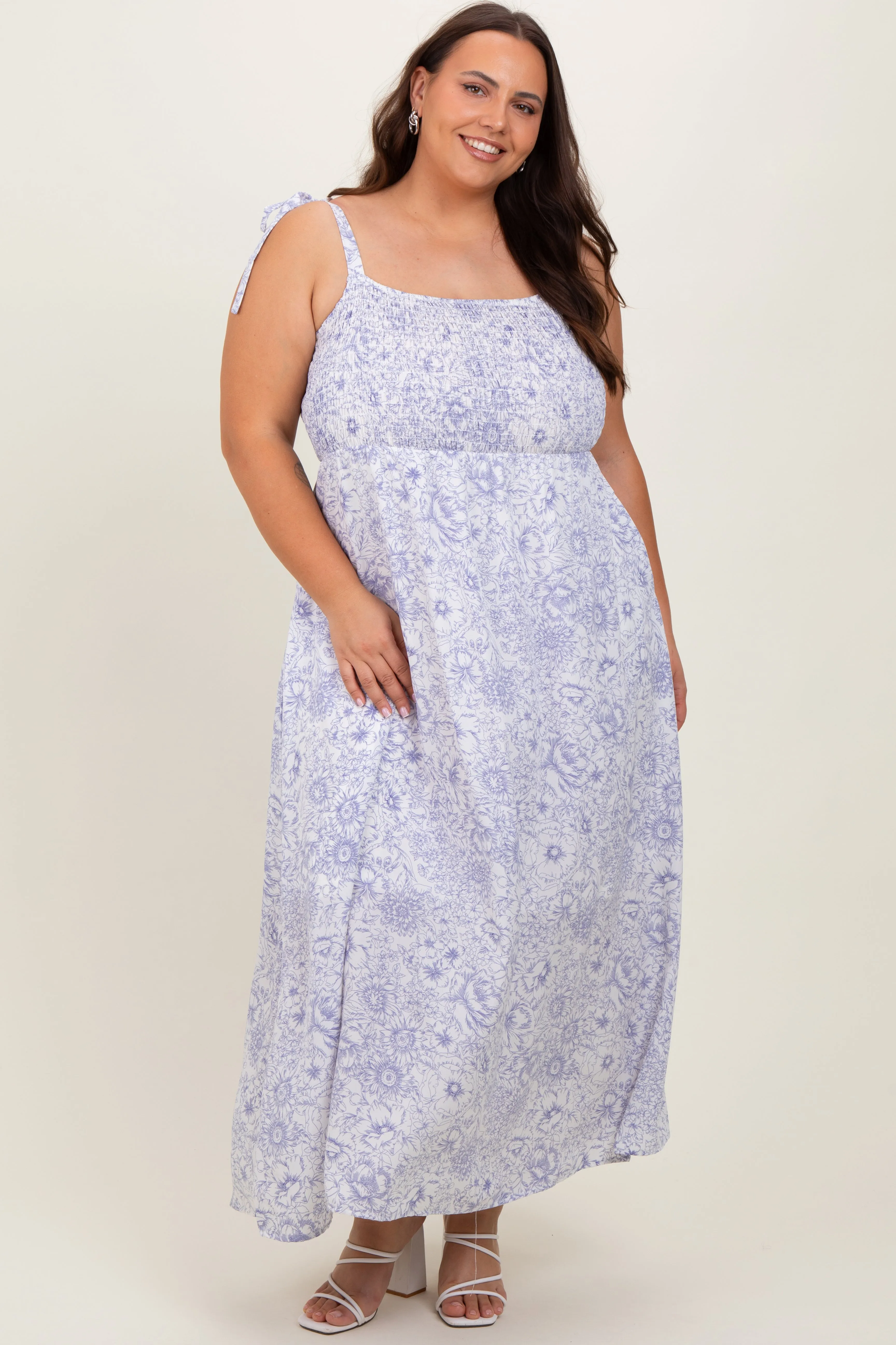 White Blue Floral Tie Strap Plus Maxi Dress sold by Pinkblush product image thumbnail 2