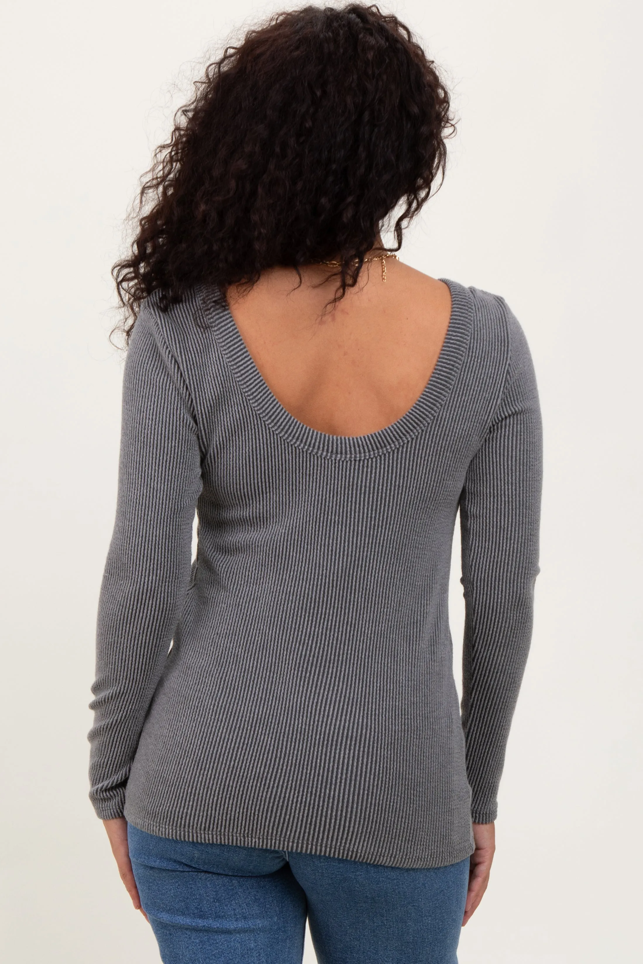 Grey Ribbed Scoop Neck Long Sleeve Top sold by Pinkblush product image thumbnail 4
