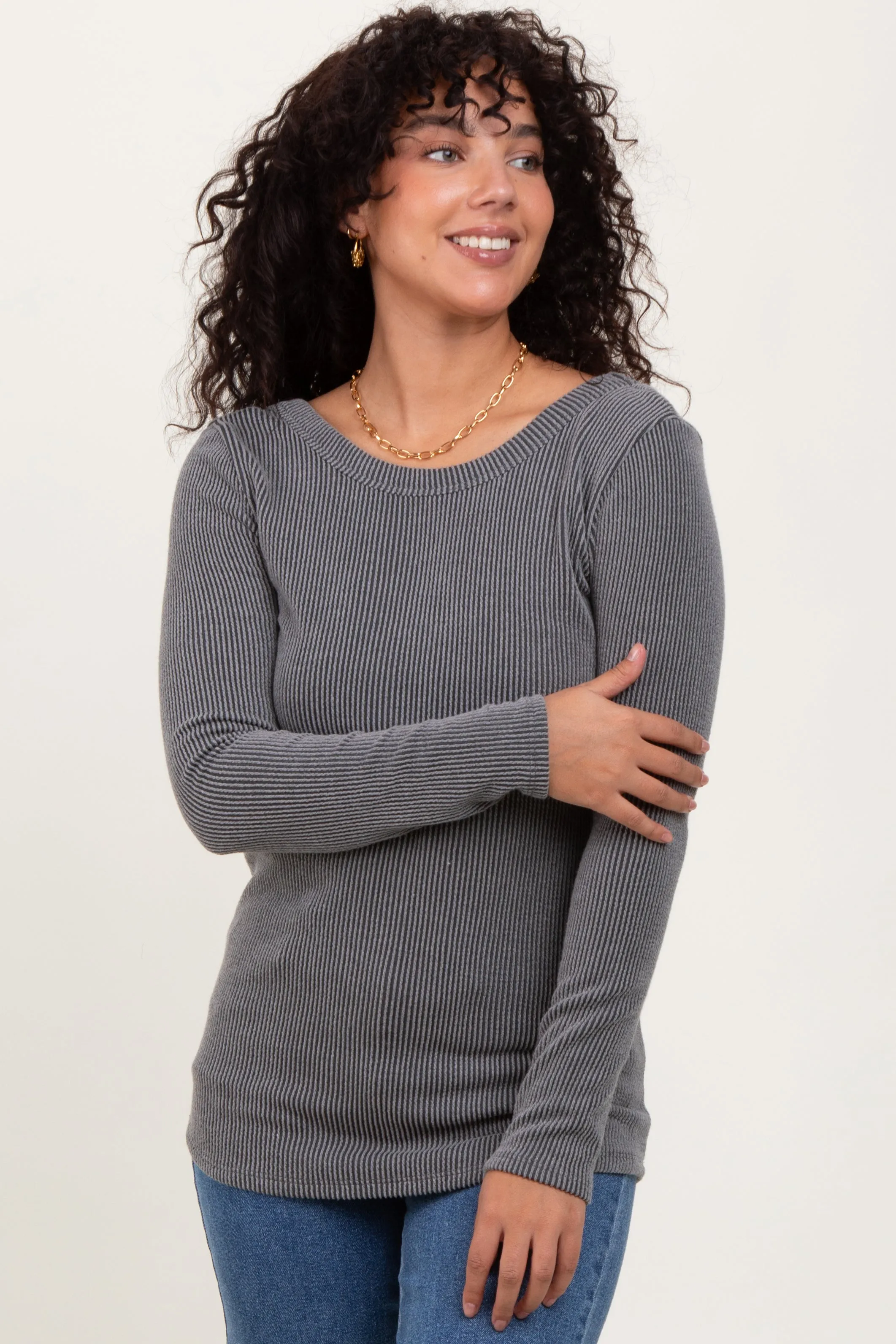 Grey Ribbed Scoop Neck Long Sleeve Top sold by Pinkblush product image thumbnail 2